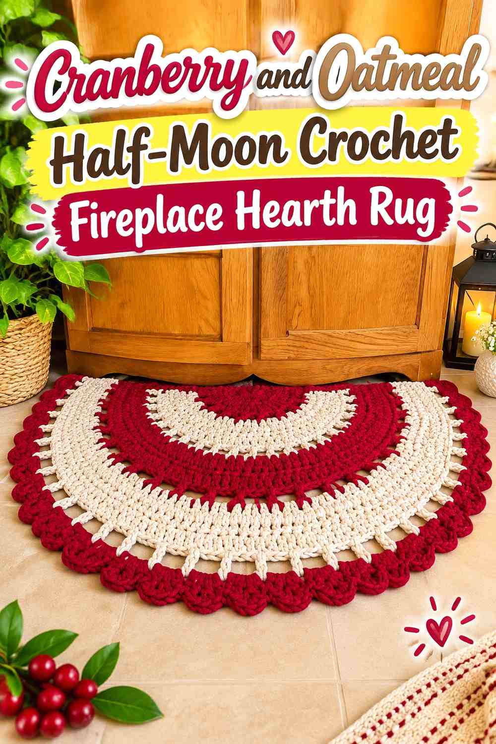 Cranberry and Oatmeal Half-Moon Crochet Fireplace Hearth Rug