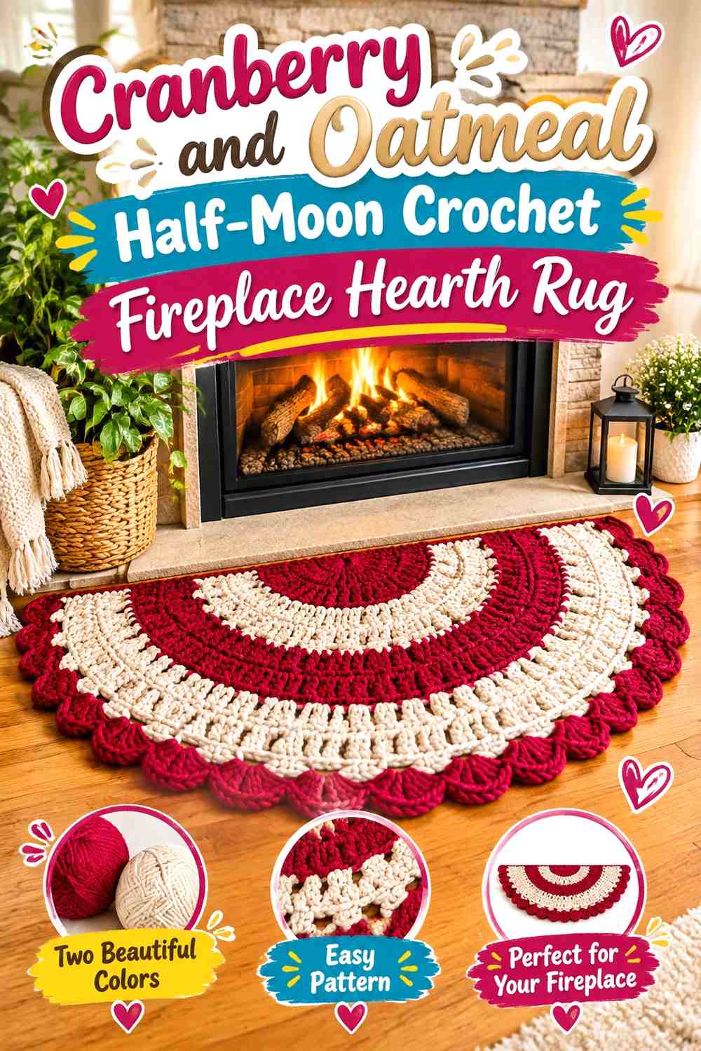 Cranberry and Oatmeal Half-Moon Crochet Fireplace Hearth Rug