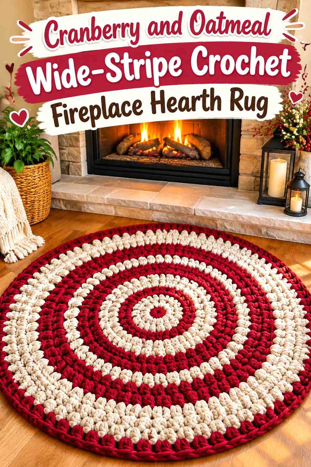 Cranberry and Oatmeal Wide-Stripe Crochet Fireplace Hearth Rug