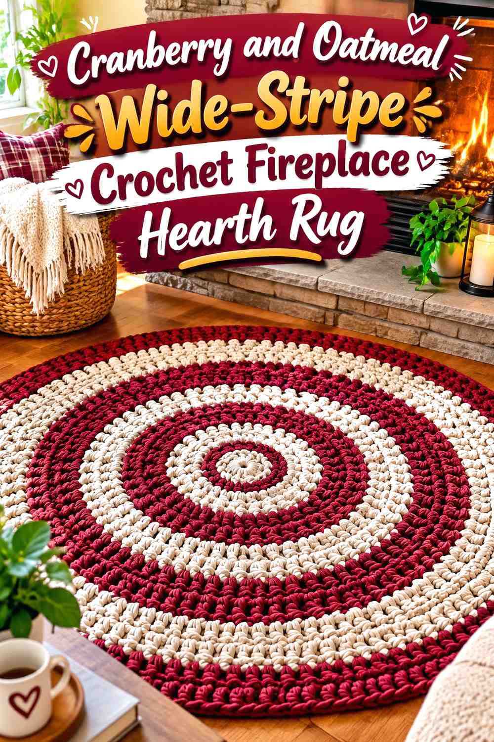 Cranberry and Oatmeal Wide-Stripe Crochet Fireplace Hearth Rug