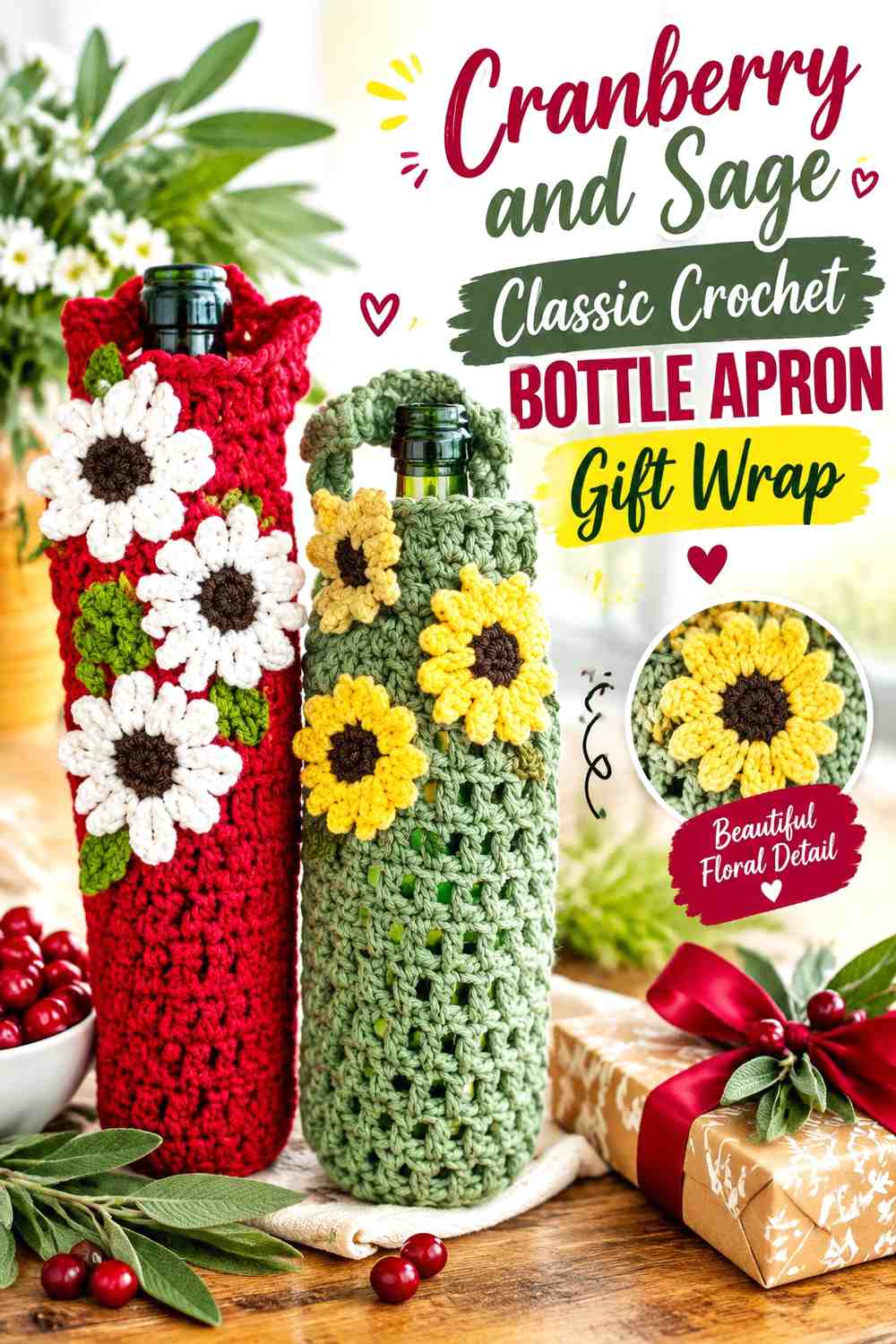 Cranberry and Sage Classic Crochet Bottle Apron Gift Wrap