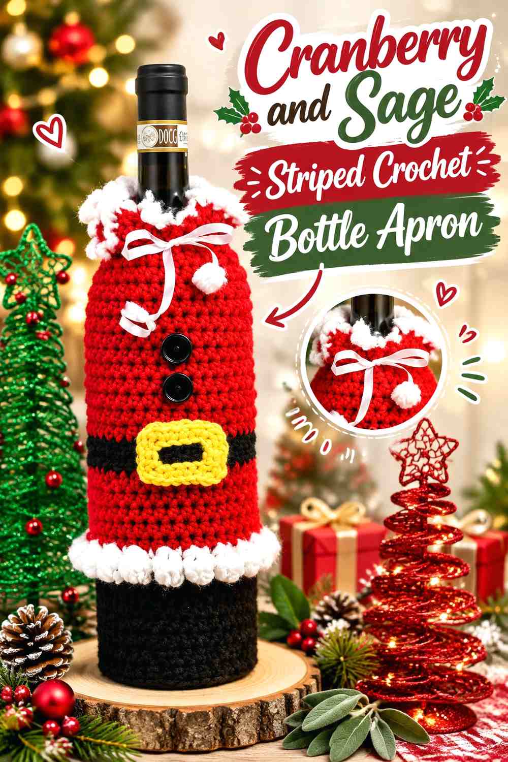 Cranberry and Sage Striped Crochet Bottle Apron