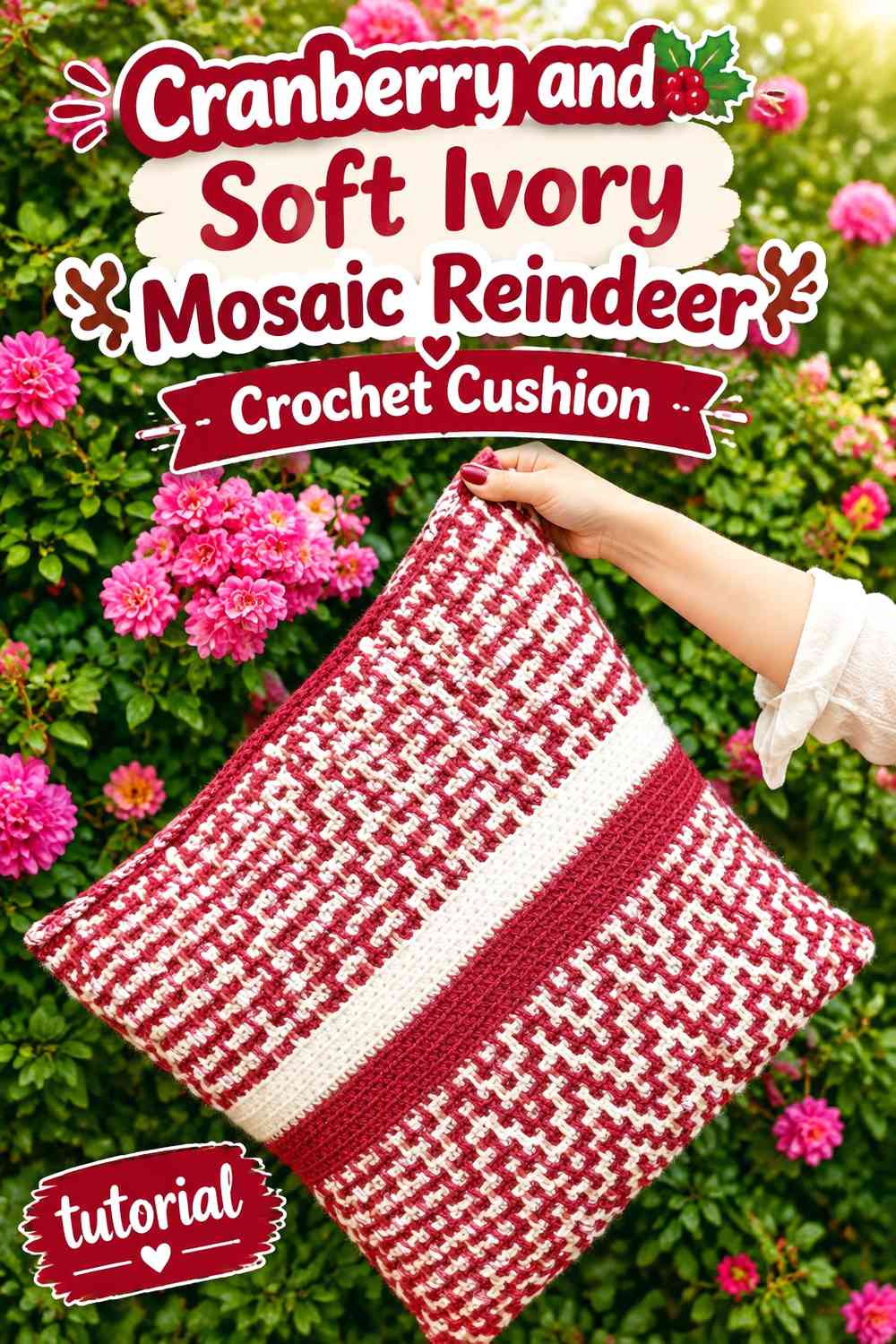 Cranberry and Soft Ivory Mosaic Reindeer Crochet Cushion