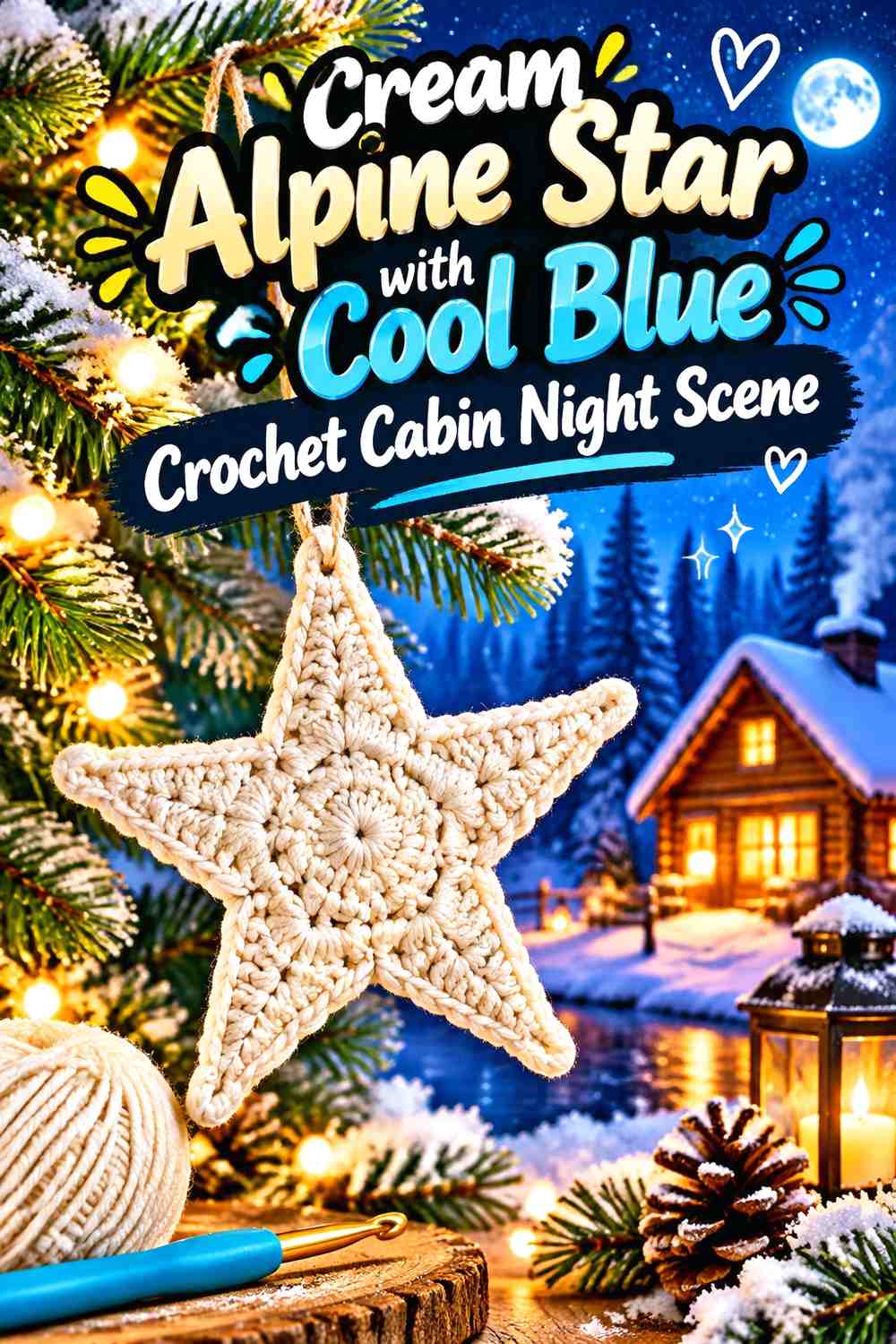 Cream Alpine Star with Cool Blue Crochet Cabin Night Scene