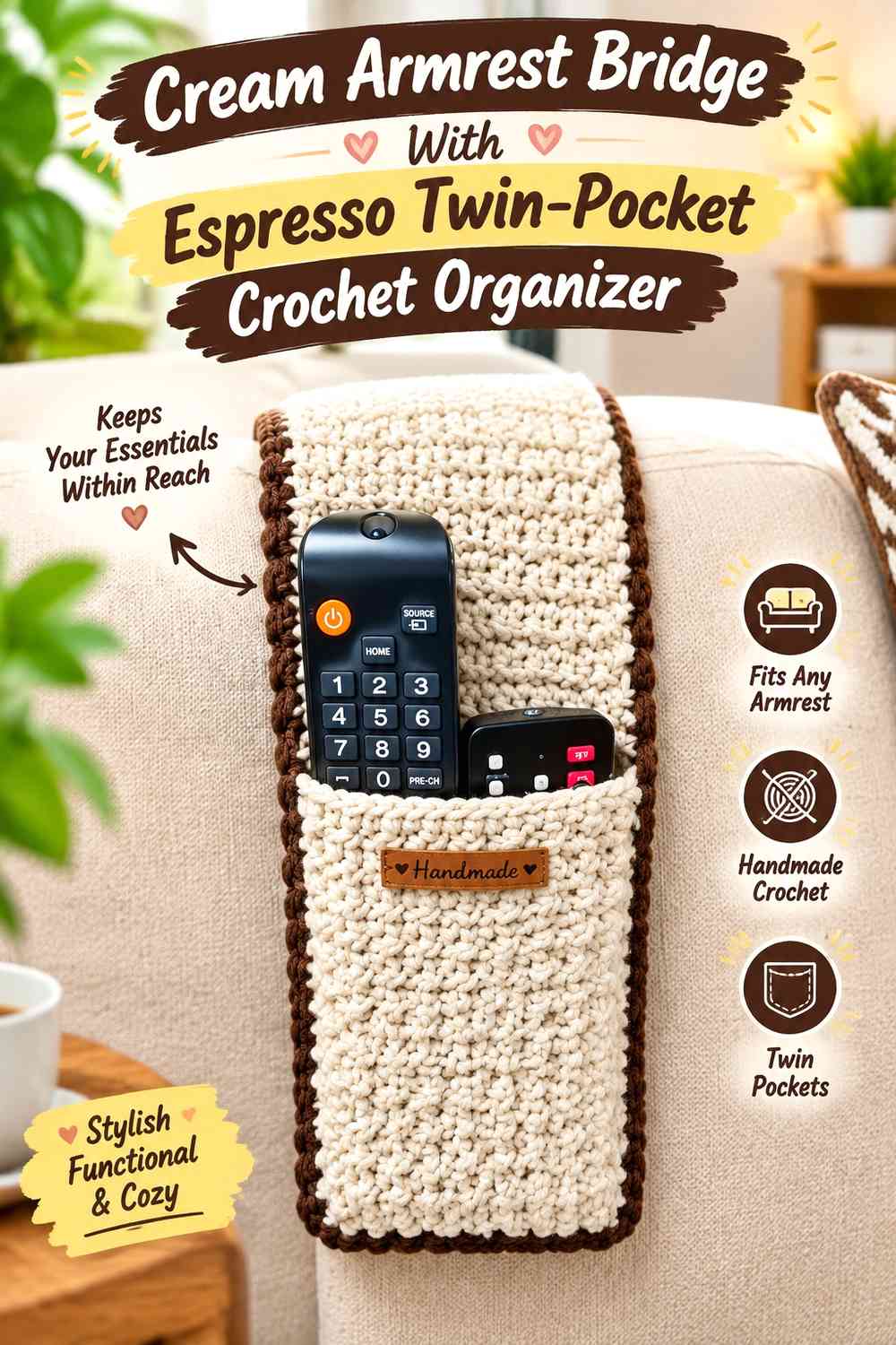 Cream Armrest Bridge With Espresso Twin-Pocket Crochet Organizer