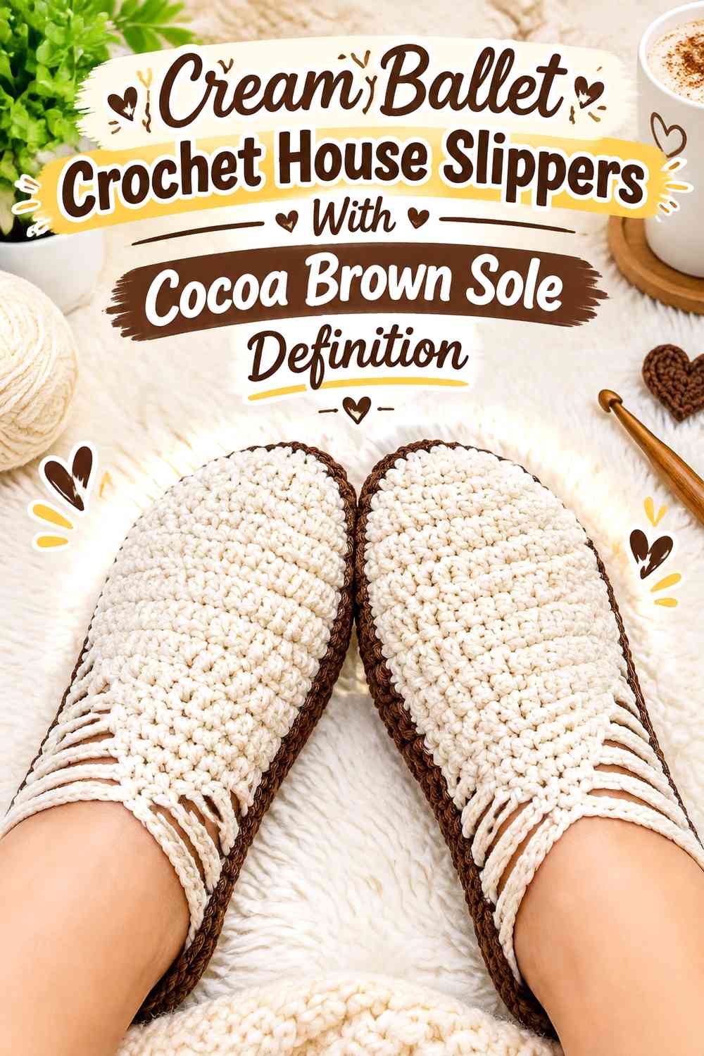 Cream Ballet Crochet House Slippers With Cocoa Brown Sole Definition