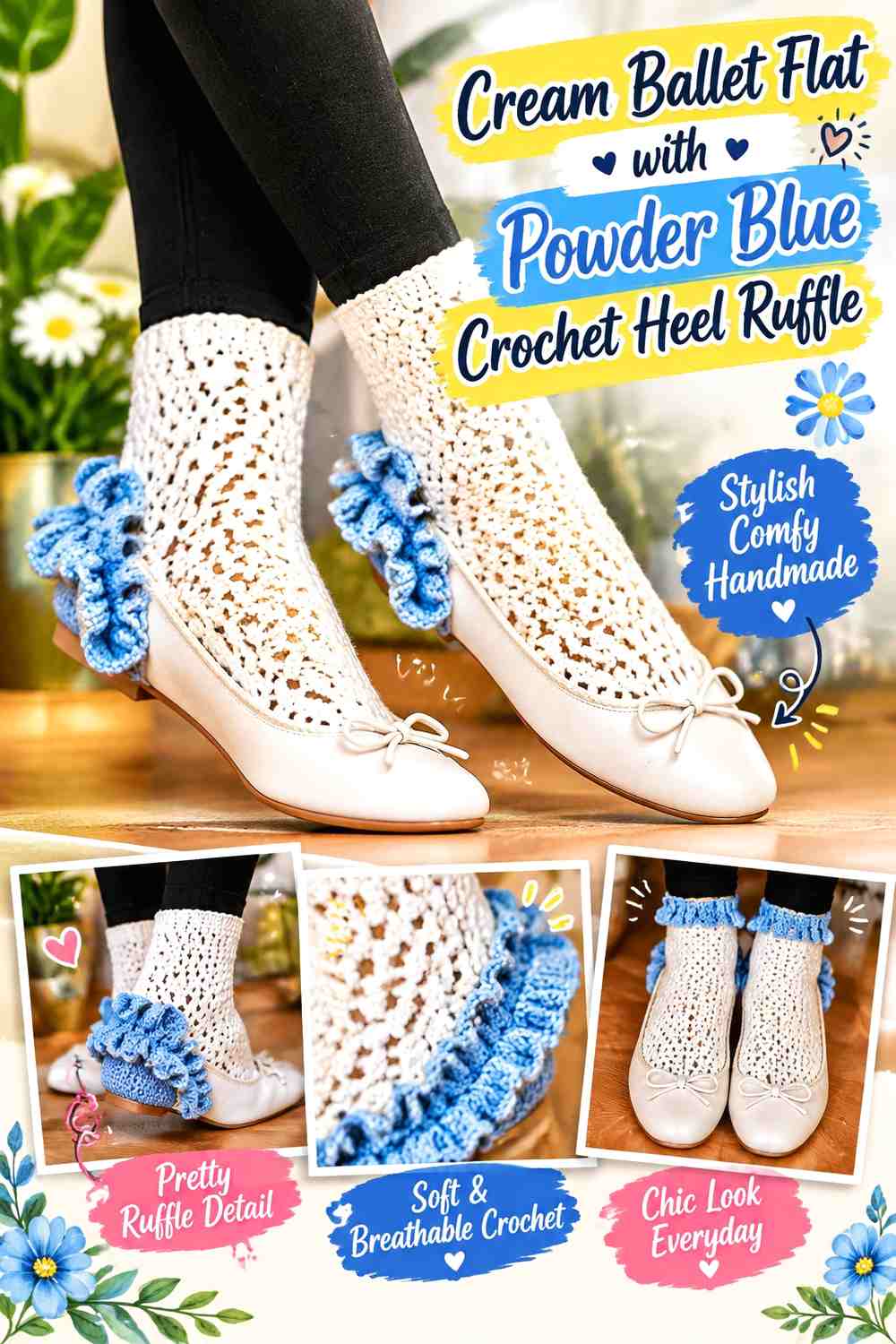 Cream Ballet Flat with Powder Blue Crochet Heel Ruffle