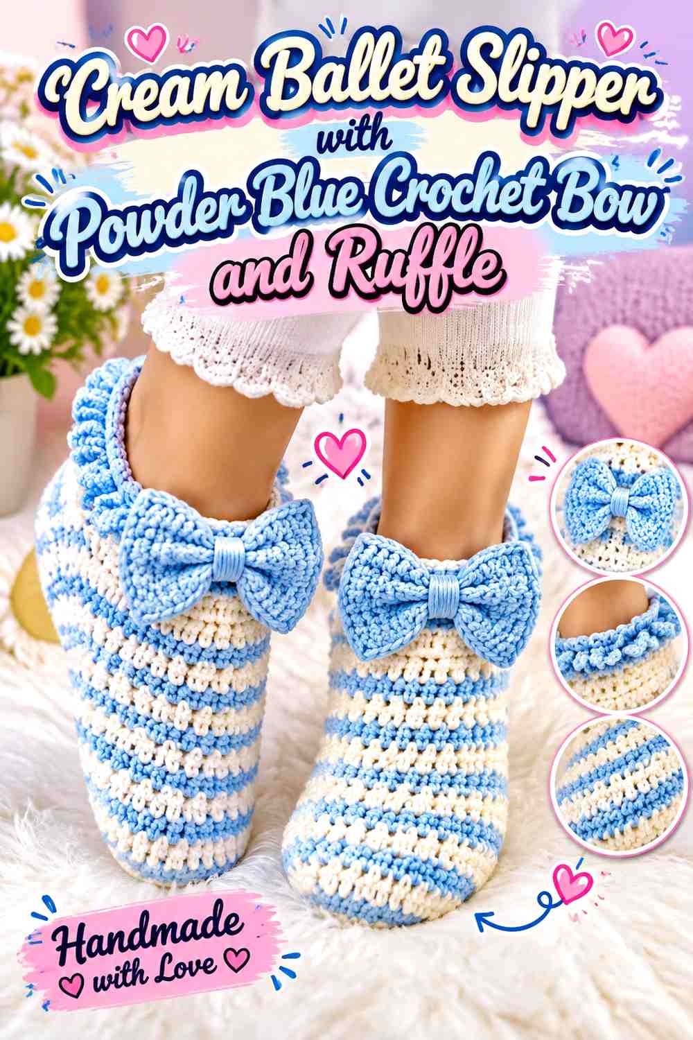 Cream Ballet Slipper with Powder Blue Crochet Bow and Ruffle