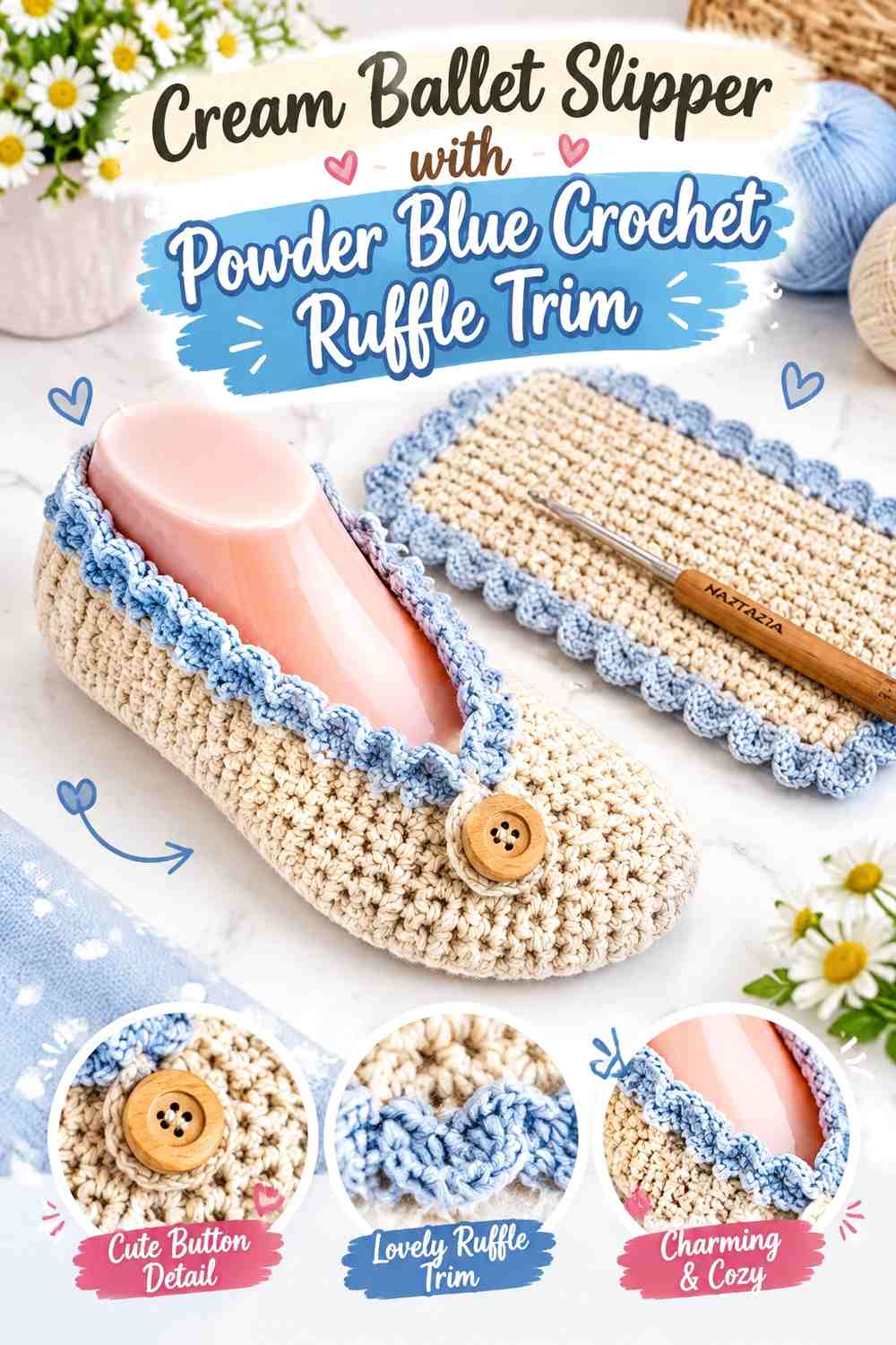 Cream Ballet Slipper with Powder Blue Crochet Ruffle Trim