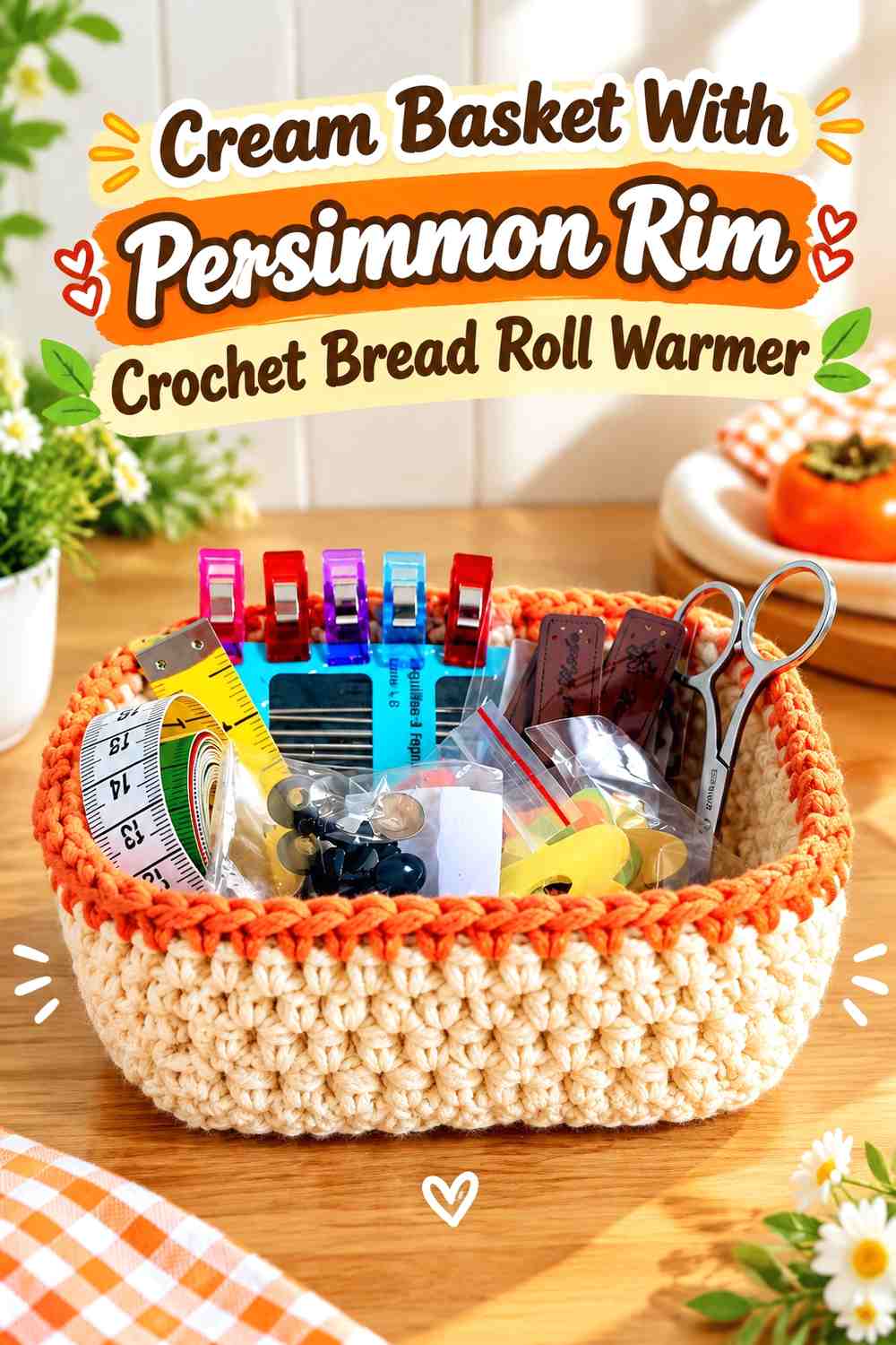 Cream Basket With Persimmon Rim Crochet Bread Roll Warmer