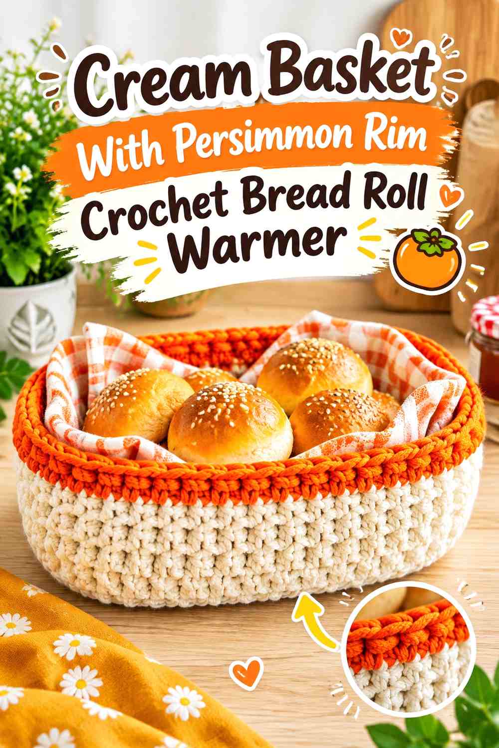 Cream Basket With Persimmon Rim Crochet Bread Roll Warmer