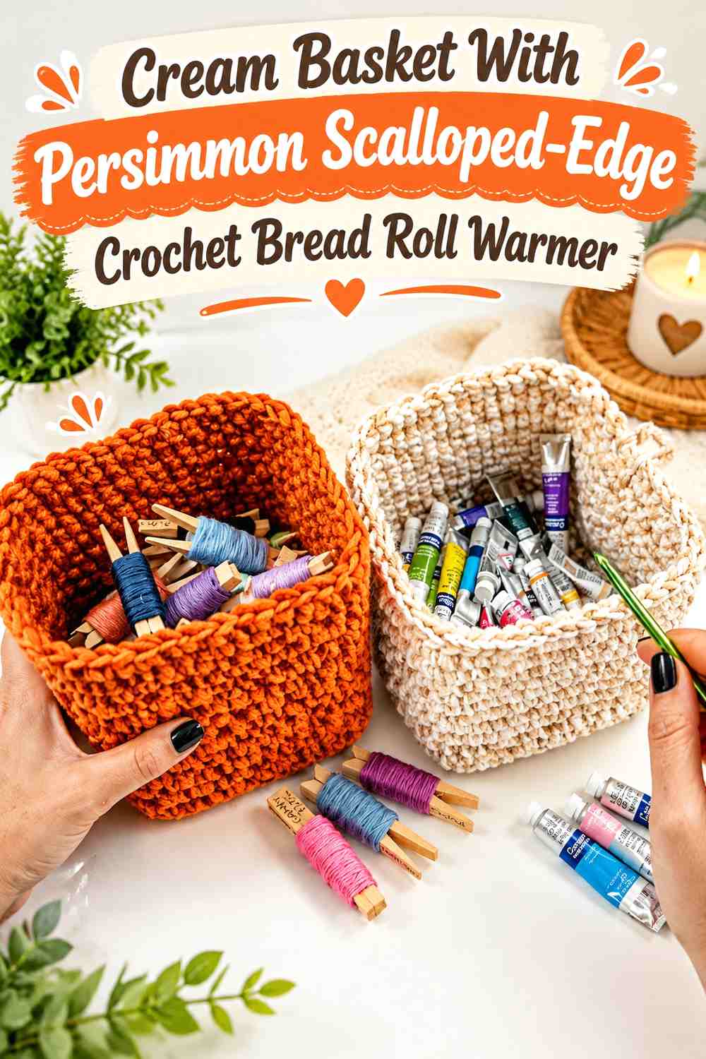 Cream Basket With Persimmon Scalloped-Edge Crochet Bread Roll Warmer