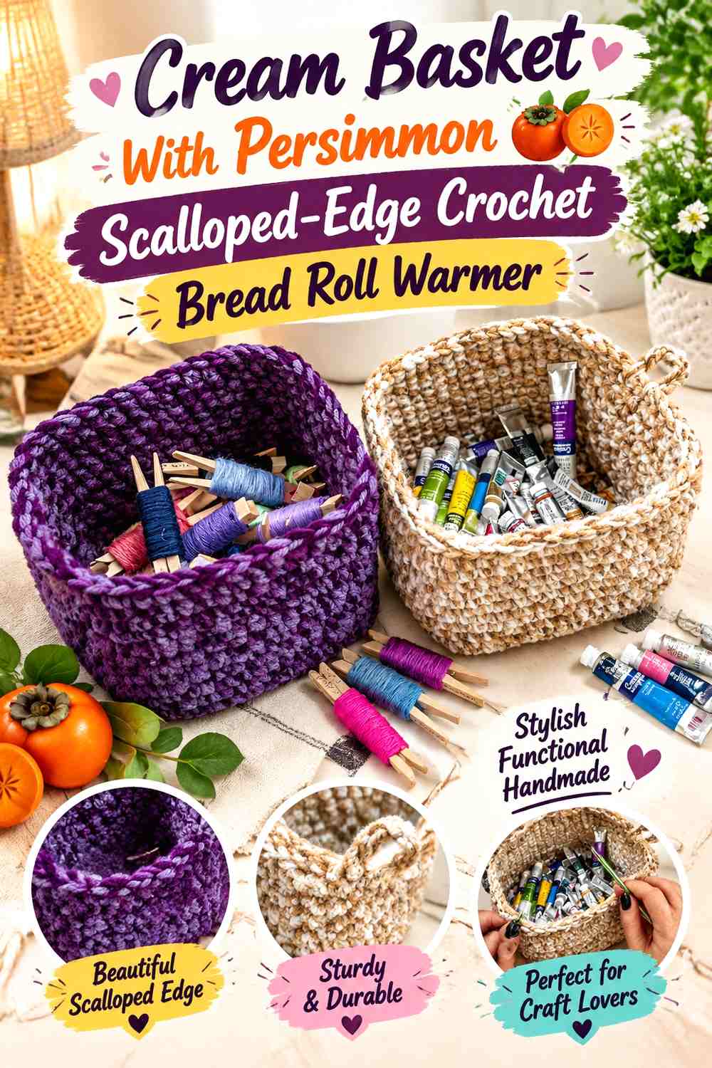 Cream Basket With Persimmon Scalloped-Edge Crochet Bread Roll Warmer