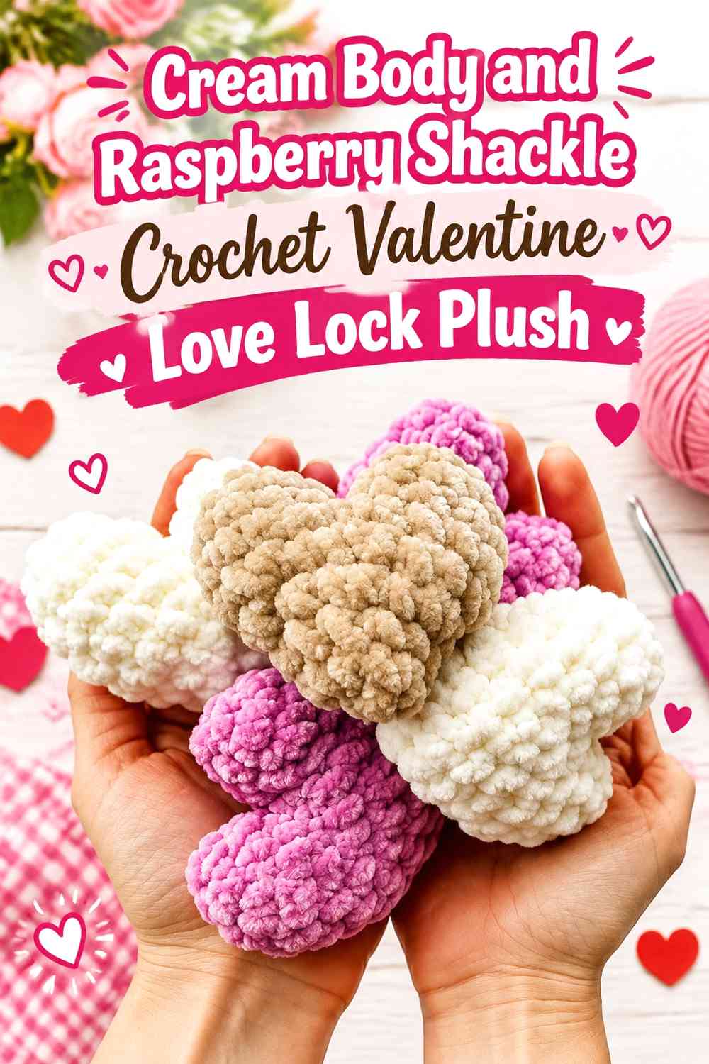 Cream Body and Raspberry Shackle Crochet Valentine Love Lock Plush