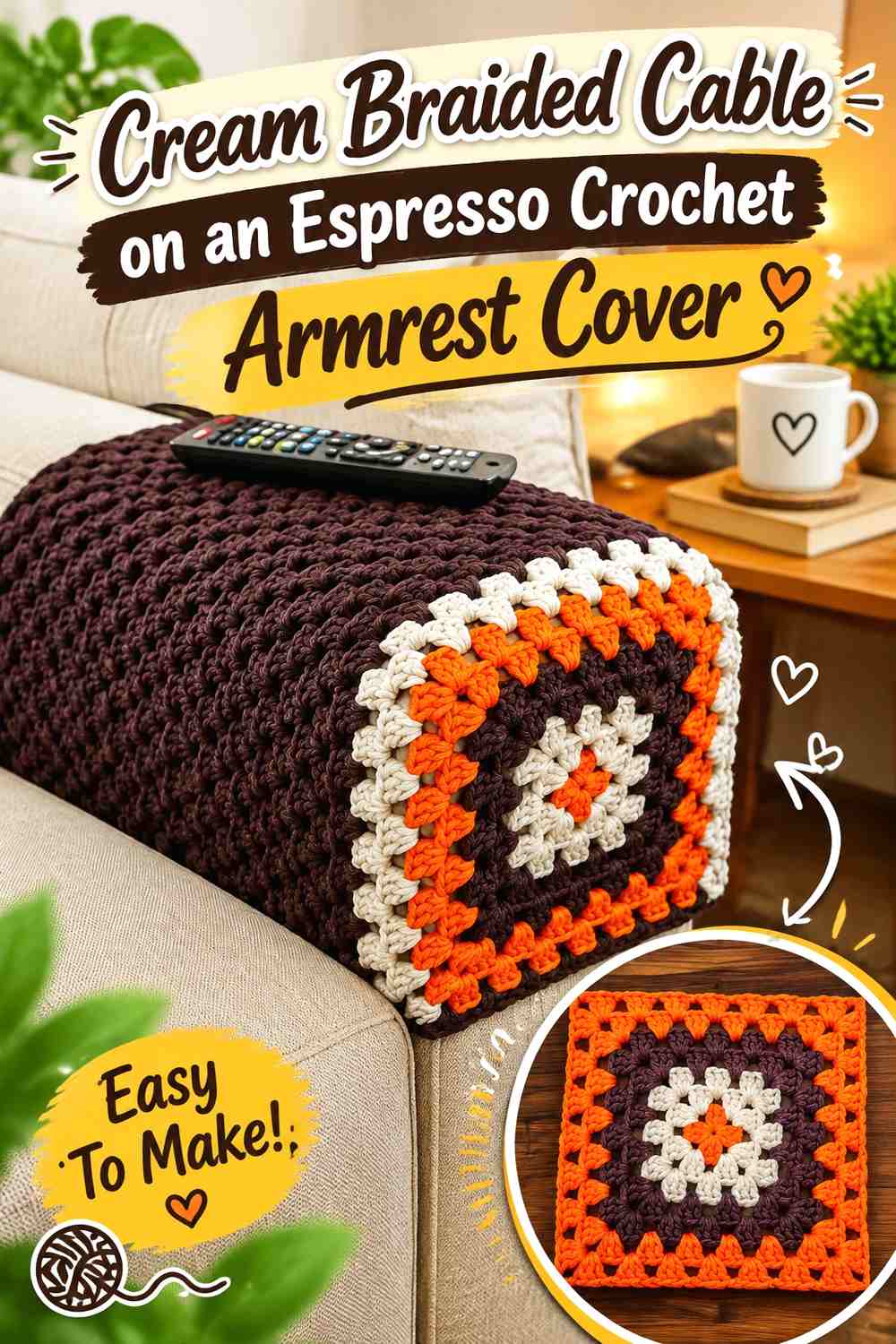 Cream Braided Cable on an Espresso Crochet Armrest Cover