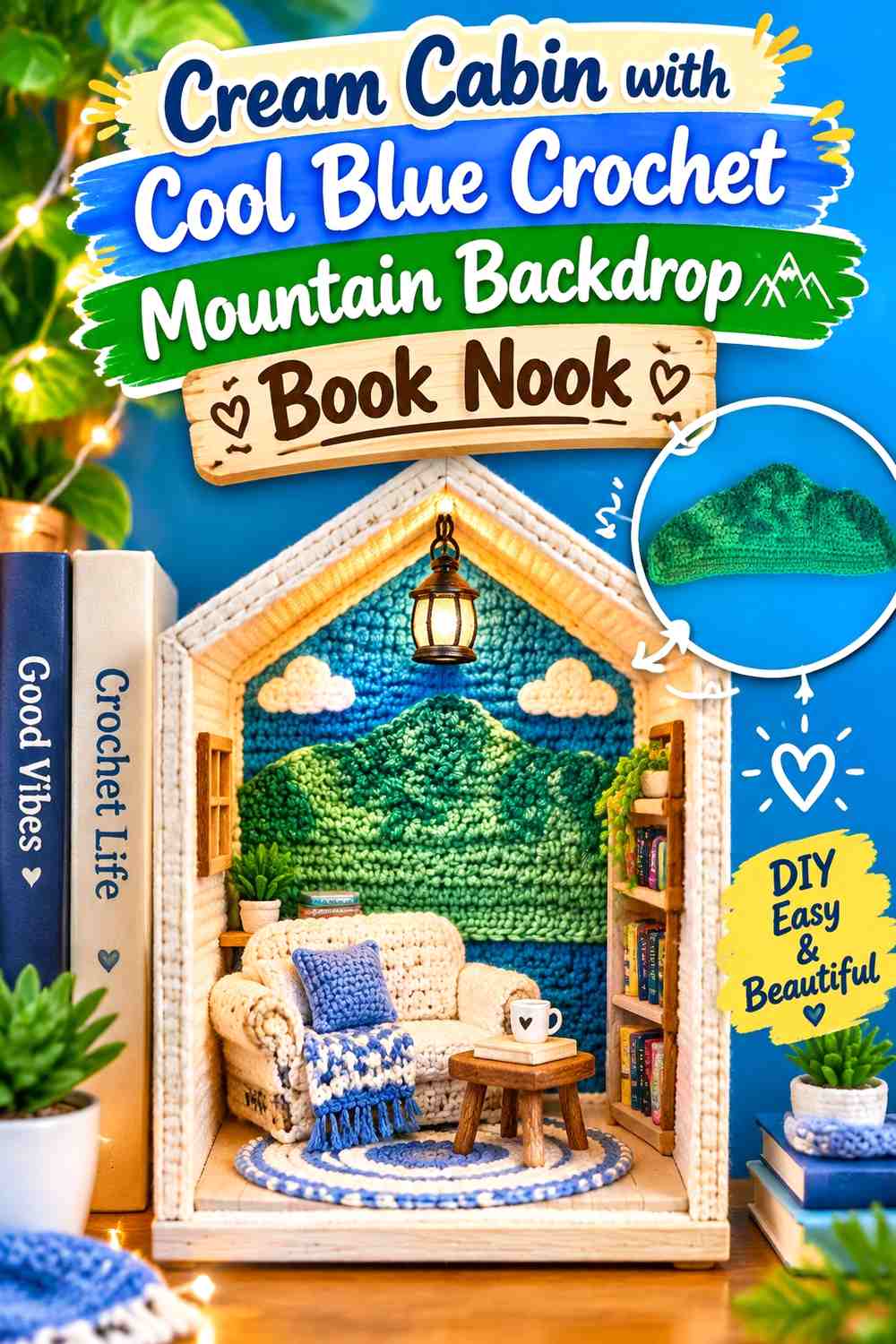 Cream Cabin with Cool Blue Crochet Mountain Backdrop Book Nook