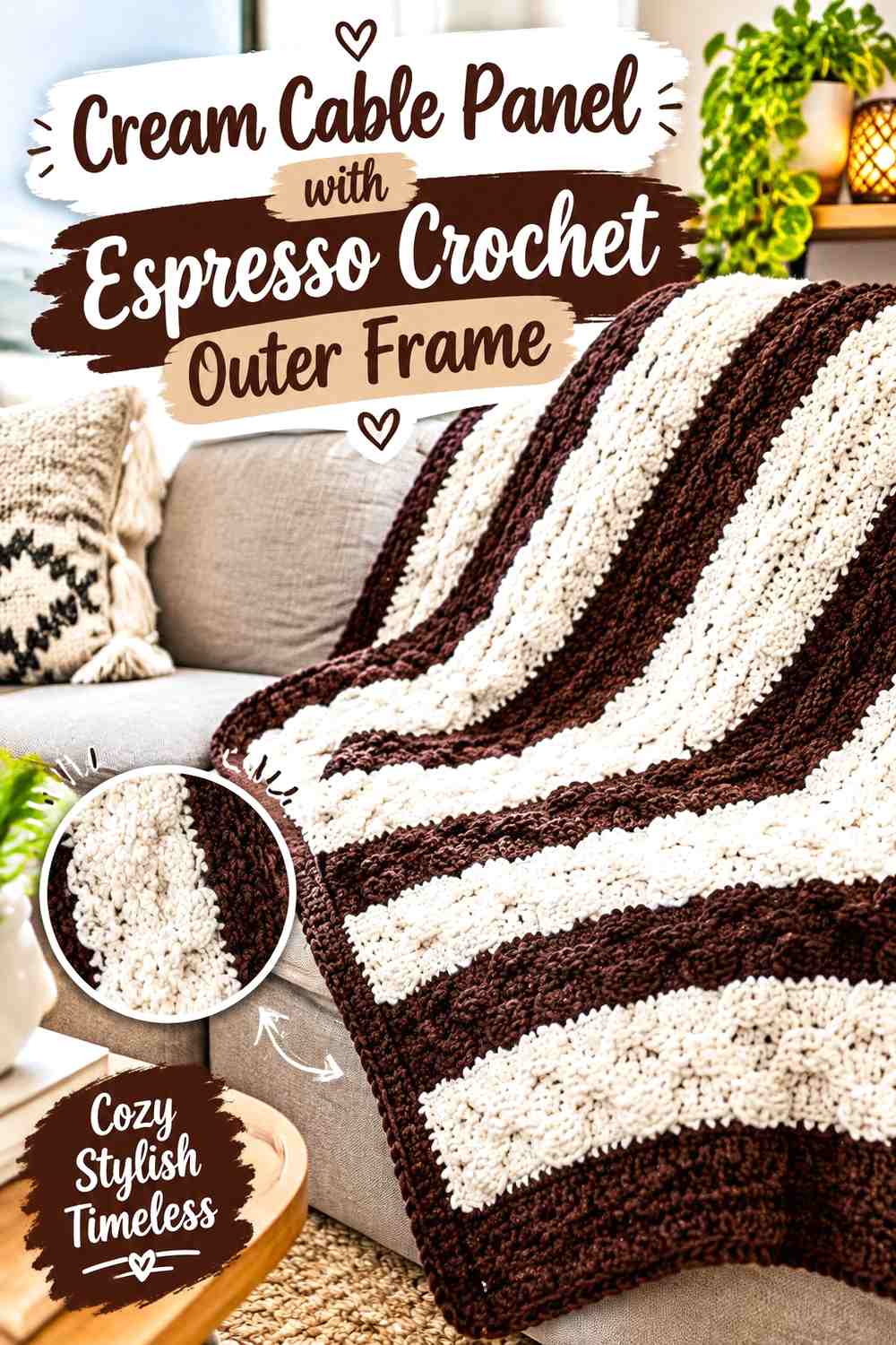 Cream Cable Panel with Espresso Crochet Outer Frame