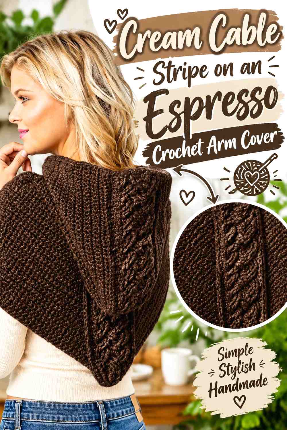 Cream Cable Stripe on an Espresso Crochet Arm Cover