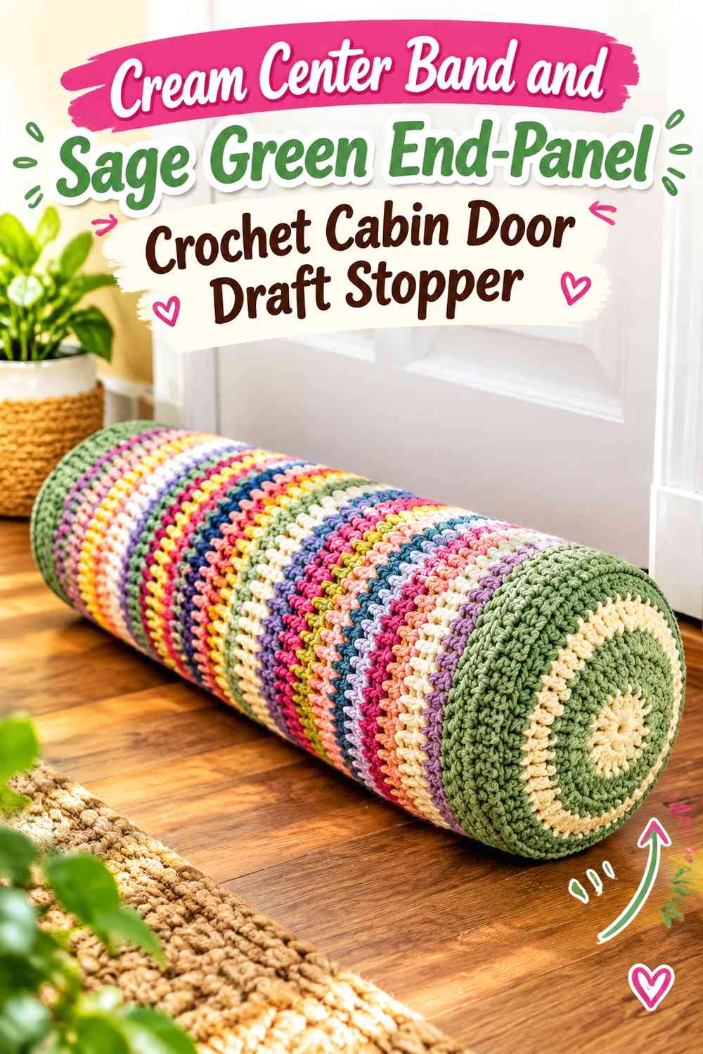 Cream Center Band and Sage Green End-Panel Crochet Cabin Door Draft Stopper