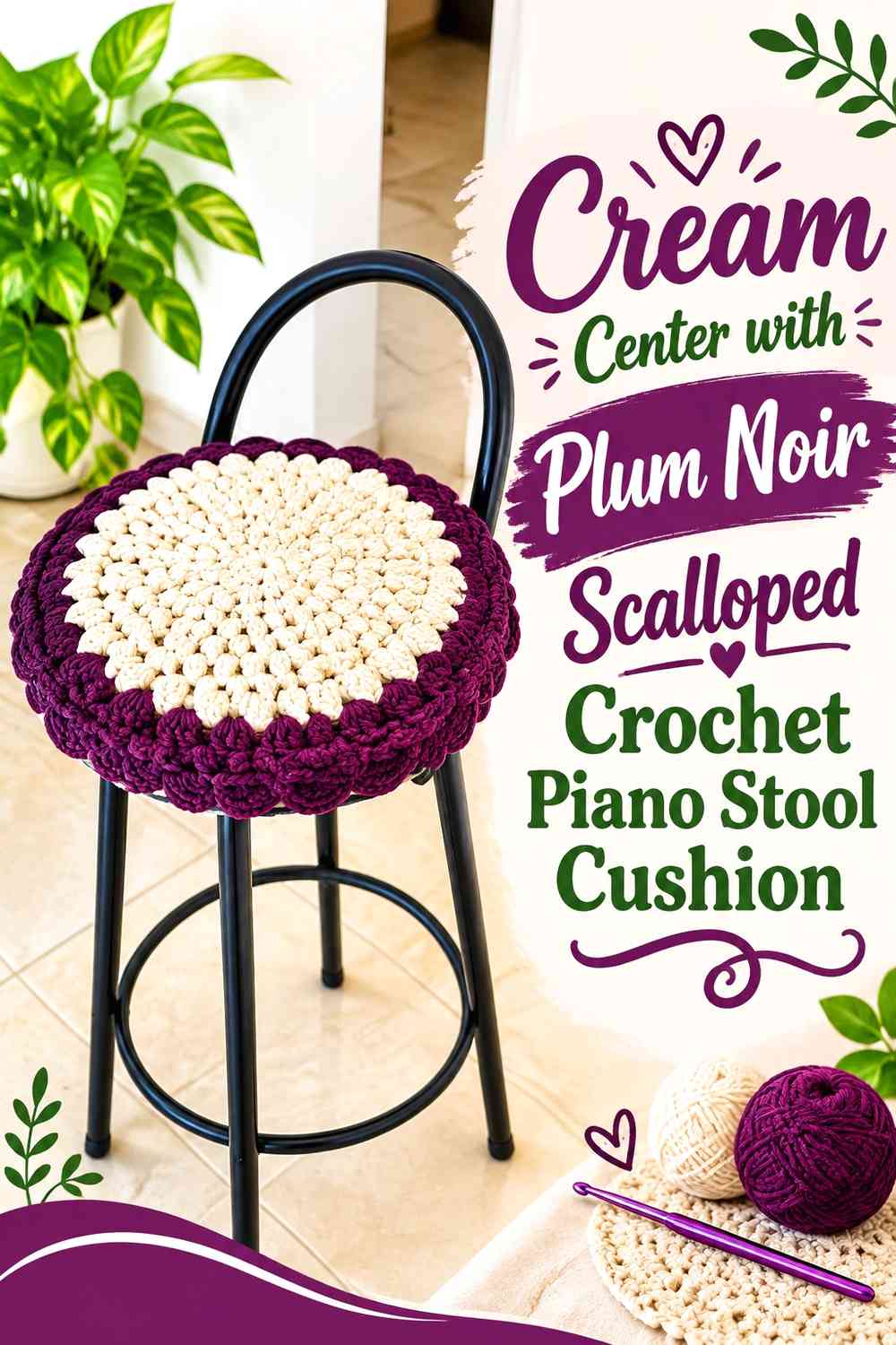 Cream Center with Plum Noir Scalloped Crochet Piano Stool Cushion