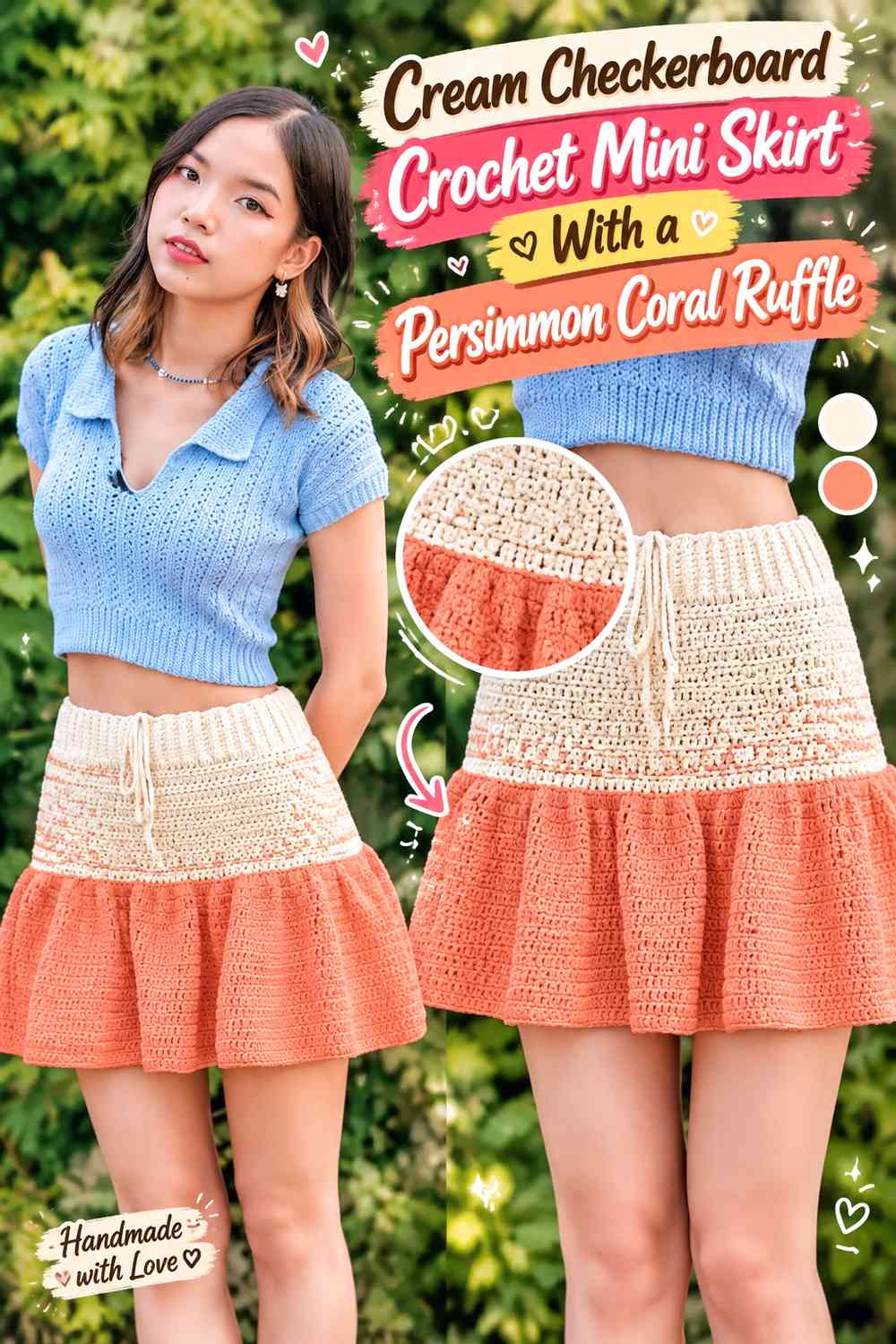Cream Checkerboard Crochet Mini Skirt With a Persimmon Coral Ruffle