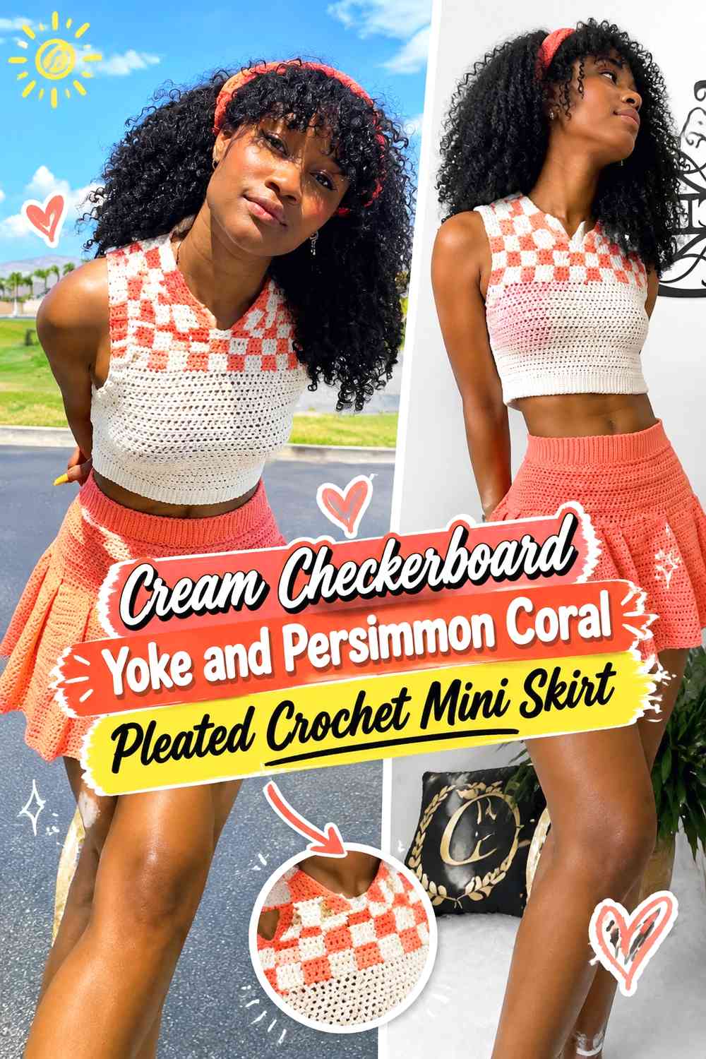 Cream Checkerboard Yoke and Persimmon Coral Pleated Crochet Mini Skirt