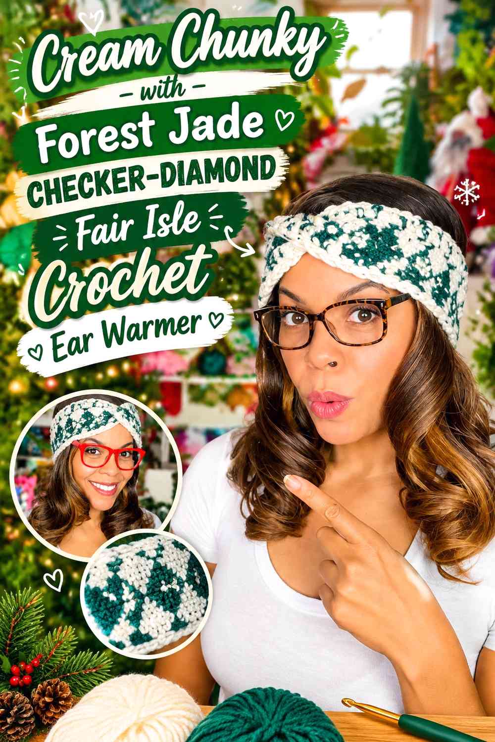 Cream Chunky with Forest Jade Checker-Diamond Fair Isle Crochet Ear Warmer