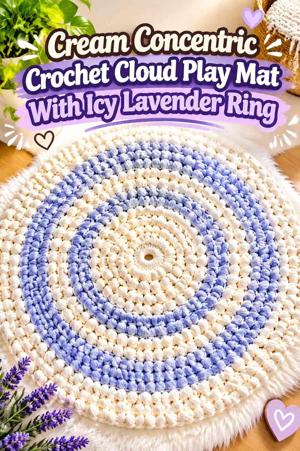 Cream Concentric Crochet Cloud Play Mat With Icy Lavender Ring
