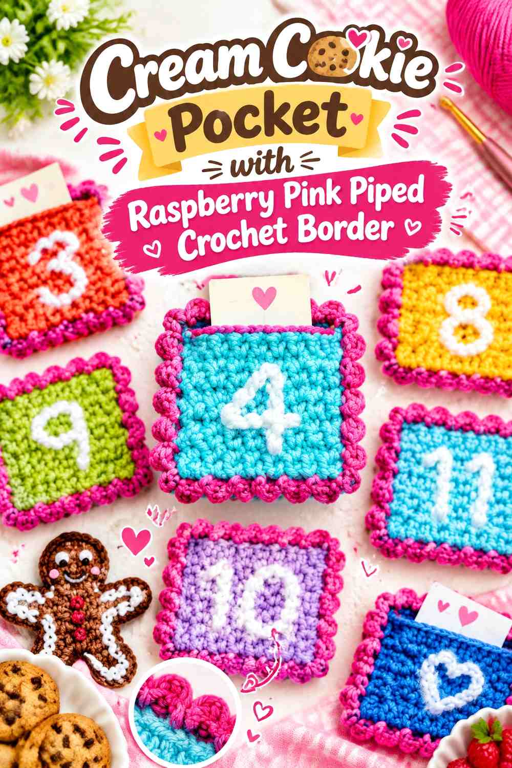 Cream Cookie Pocket with Raspberry Pink Piped Crochet Border