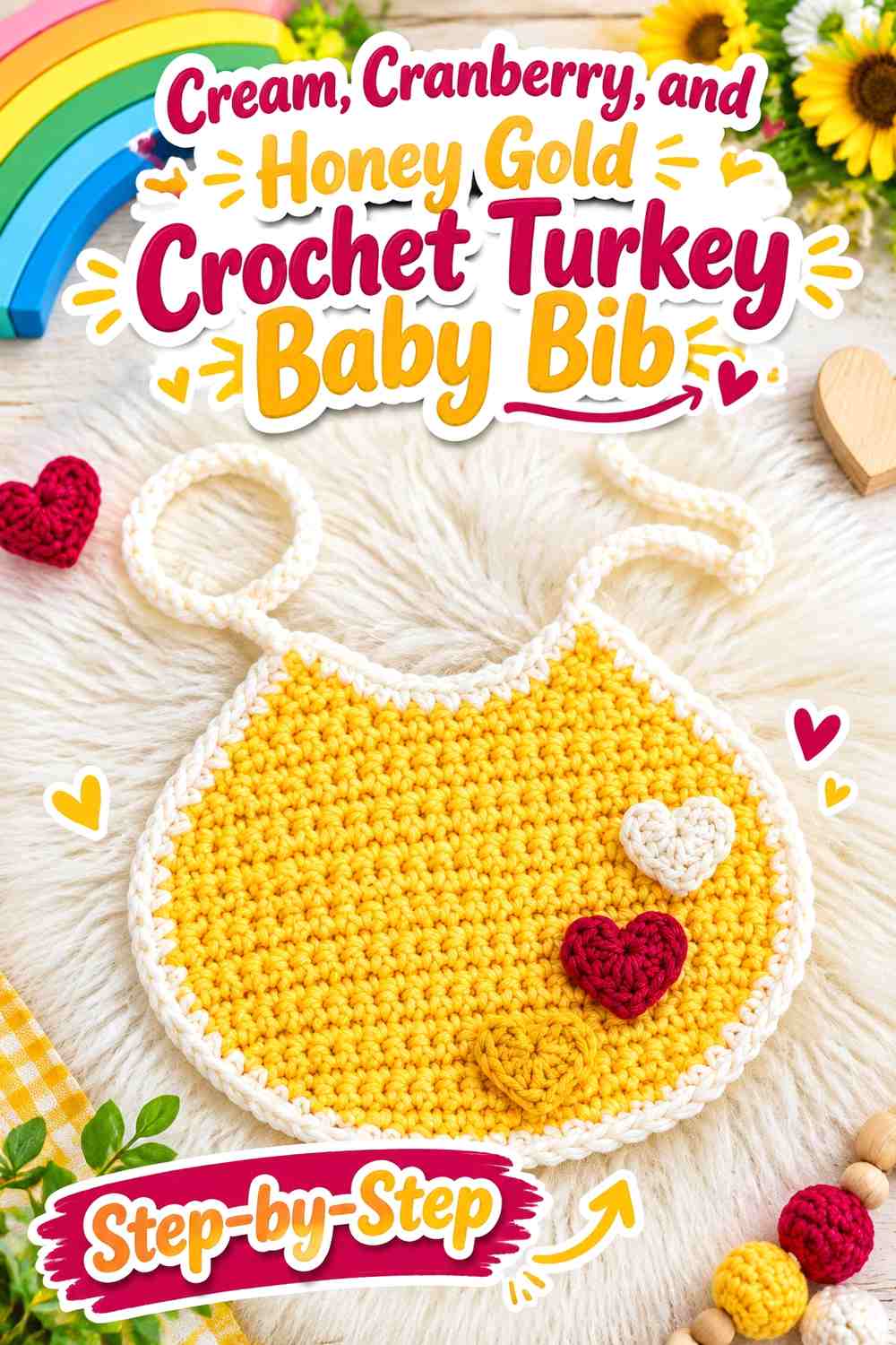 Cream, Cranberry, and Honey Gold Crochet Turkey Baby Bib
