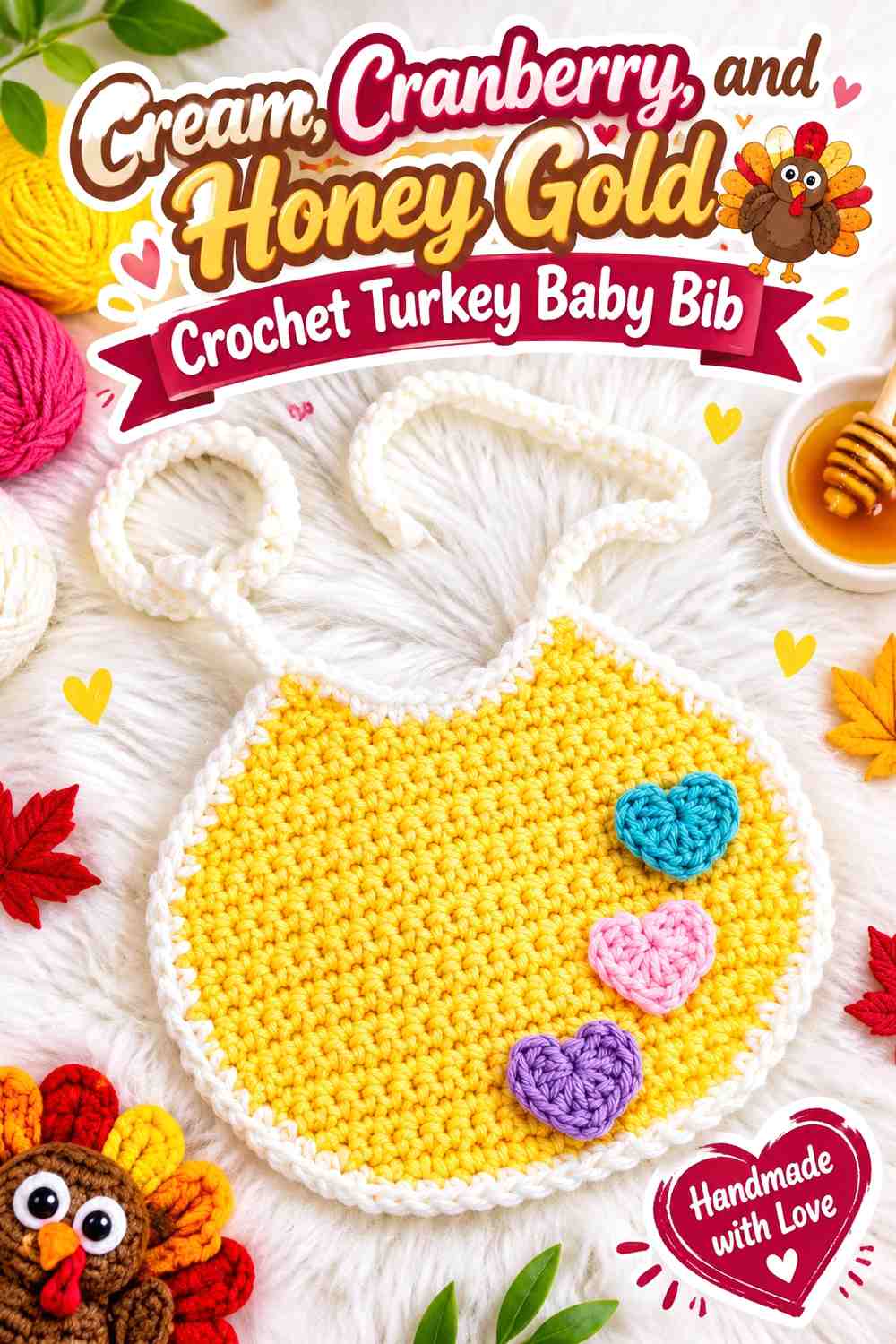 Cream, Cranberry, and Honey Gold Crochet Turkey Baby Bib