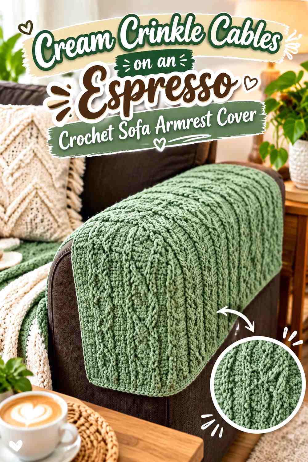 Cream Crinkle Cables on an Espresso Crochet Sofa Armrest Cover