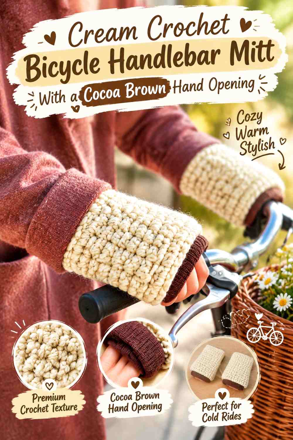 Cream Crochet Bicycle Handlebar Mitt With a Cocoa Brown Hand Opening