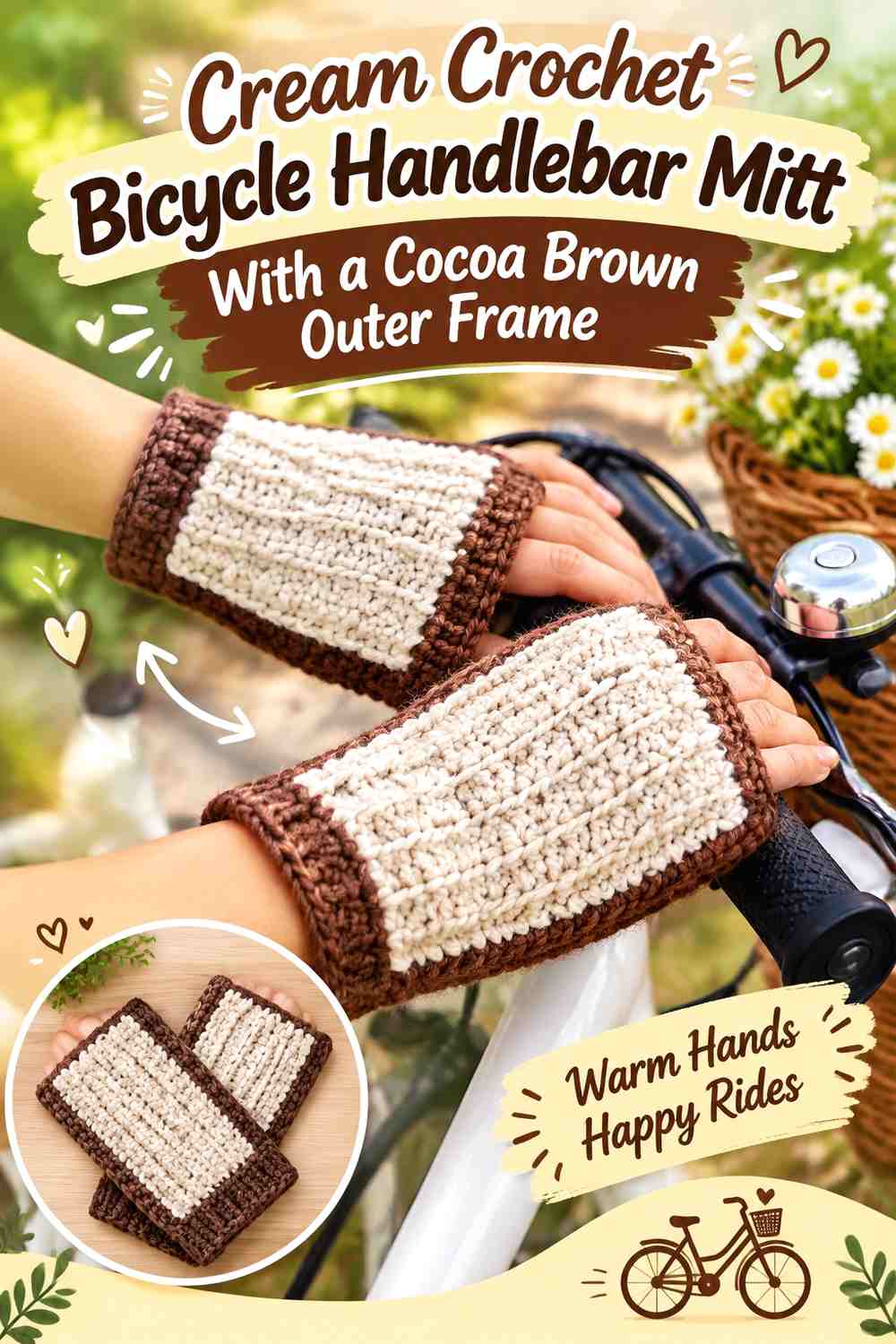 Cream Crochet Bicycle Handlebar Mitt With a Cocoa Brown Outer Frame