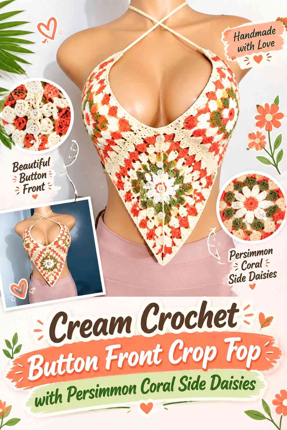 Cream Crochet Button Front Crop Top with Persimmon Coral Side Daisies