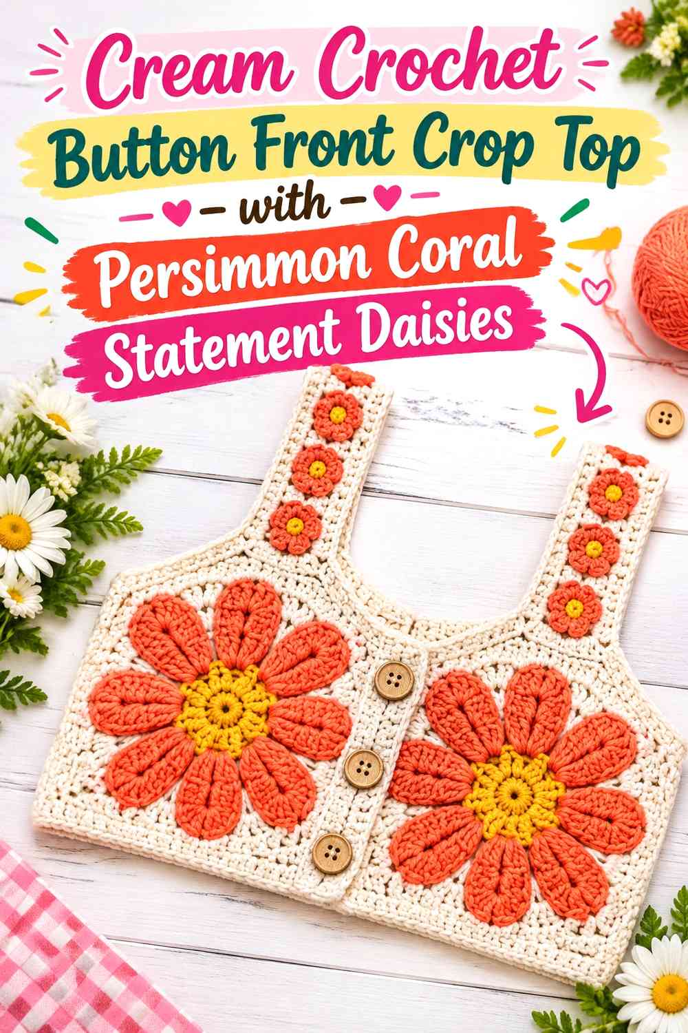 Cream Crochet Button Front Crop Top with Persimmon Coral Statement Daisies