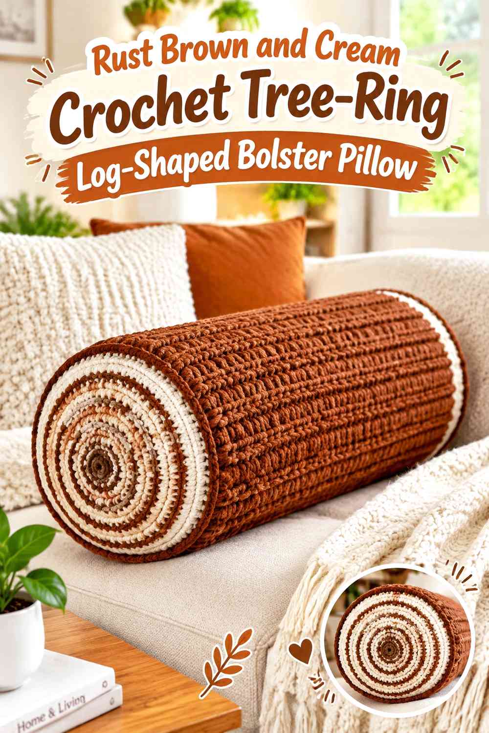 Cream Crochet Cabin Log Bolster Pillow With Rust Brown Bark Bands