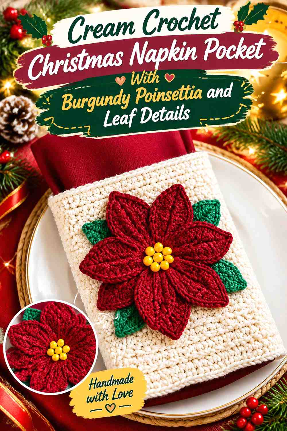 Cream Crochet Christmas Napkin Pocket With Burgundy Poinsettia and Leaf Details