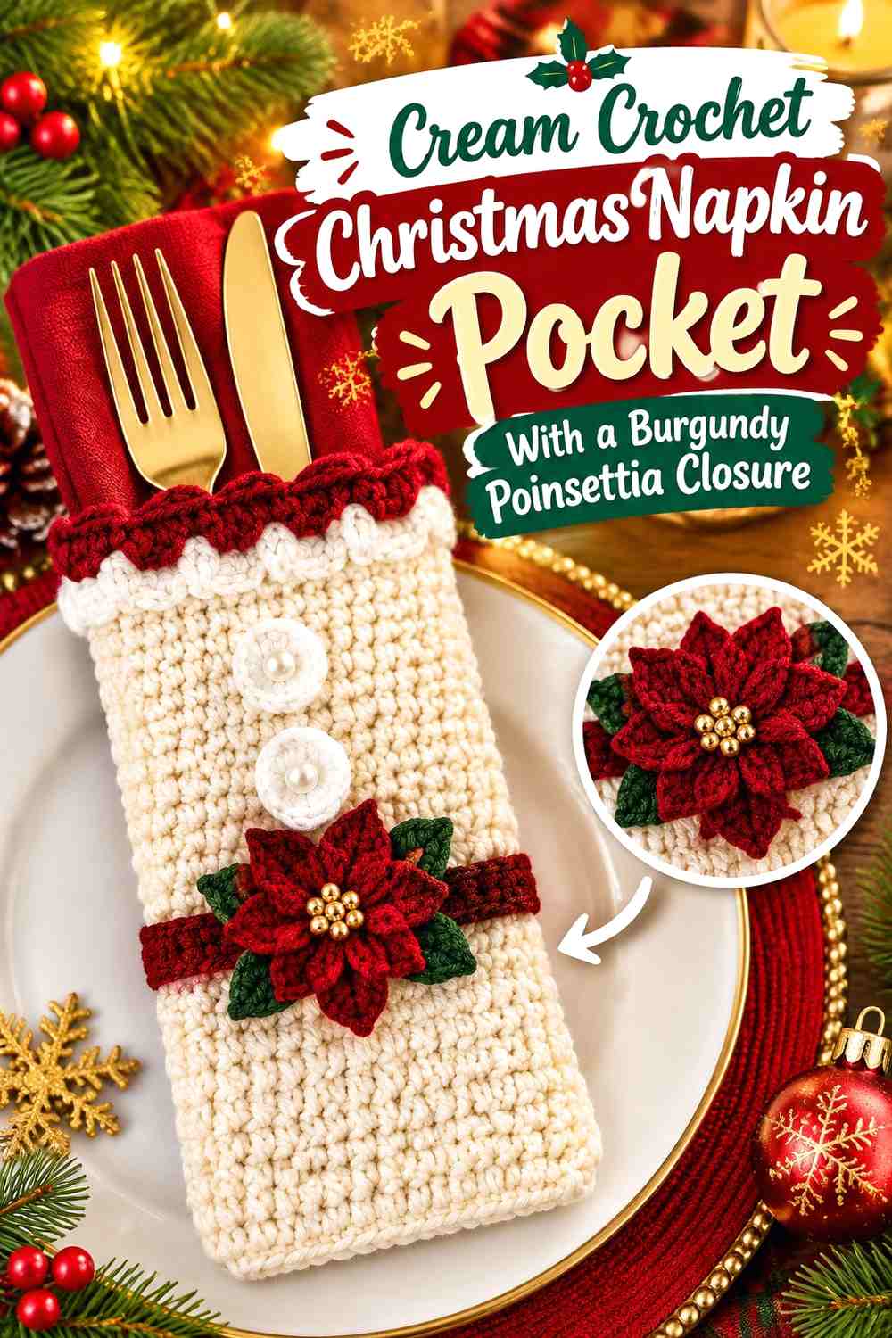 Cream Crochet Christmas Napkin Pocket With a Burgundy Poinsettia Closure