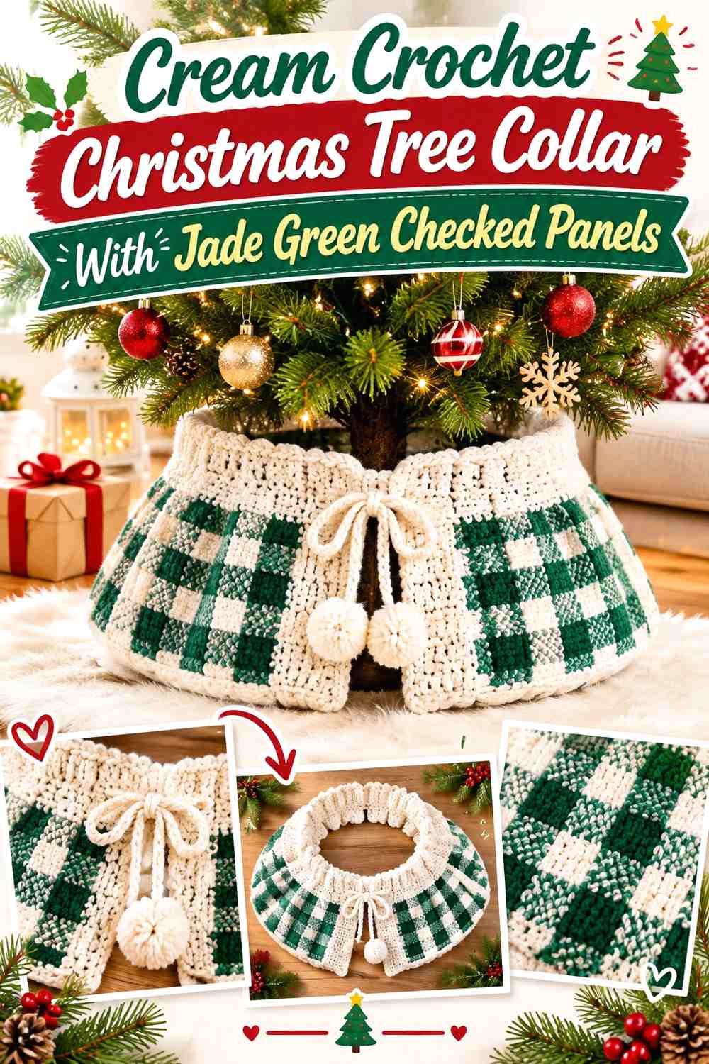Cream Crochet Christmas Tree Collar With Jade Green Checked Panels