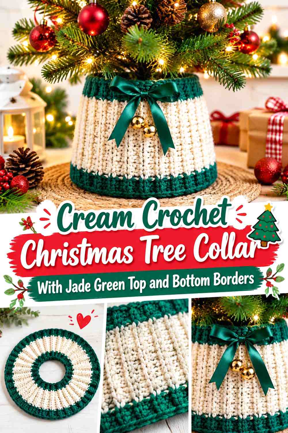 Cream Crochet Christmas Tree Collar With Jade Green Top and Bottom Borders