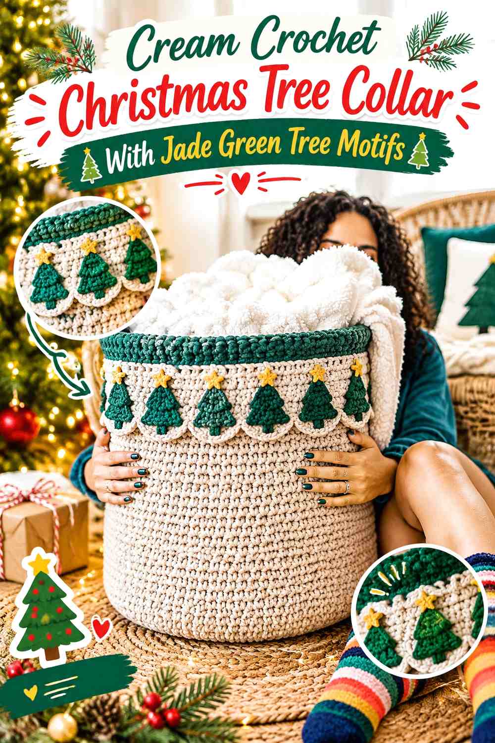 Cream Crochet Christmas Tree Collar With Jade Green Tree Motifs