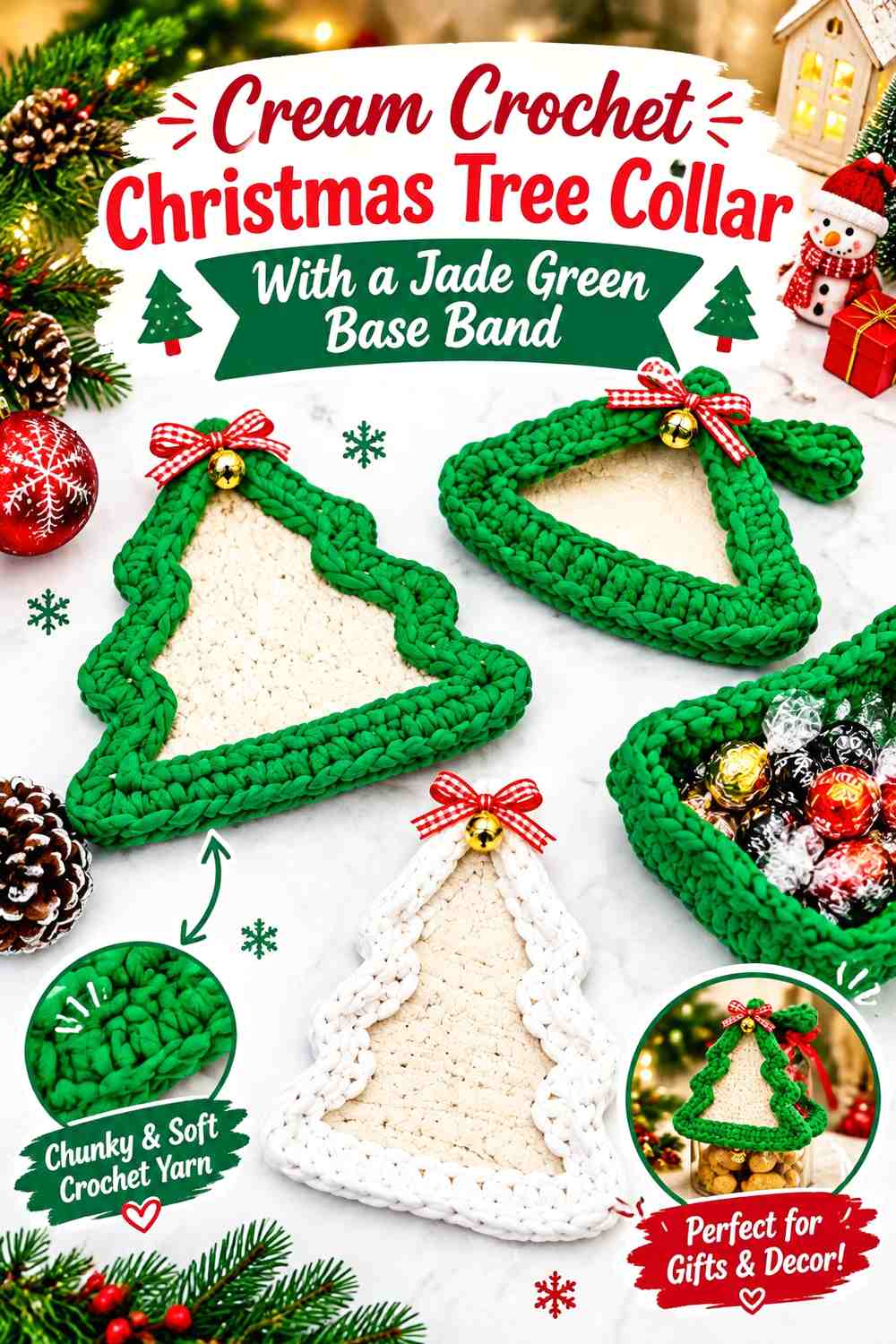 Cream Crochet Christmas Tree Collar With a Jade Green Base Band