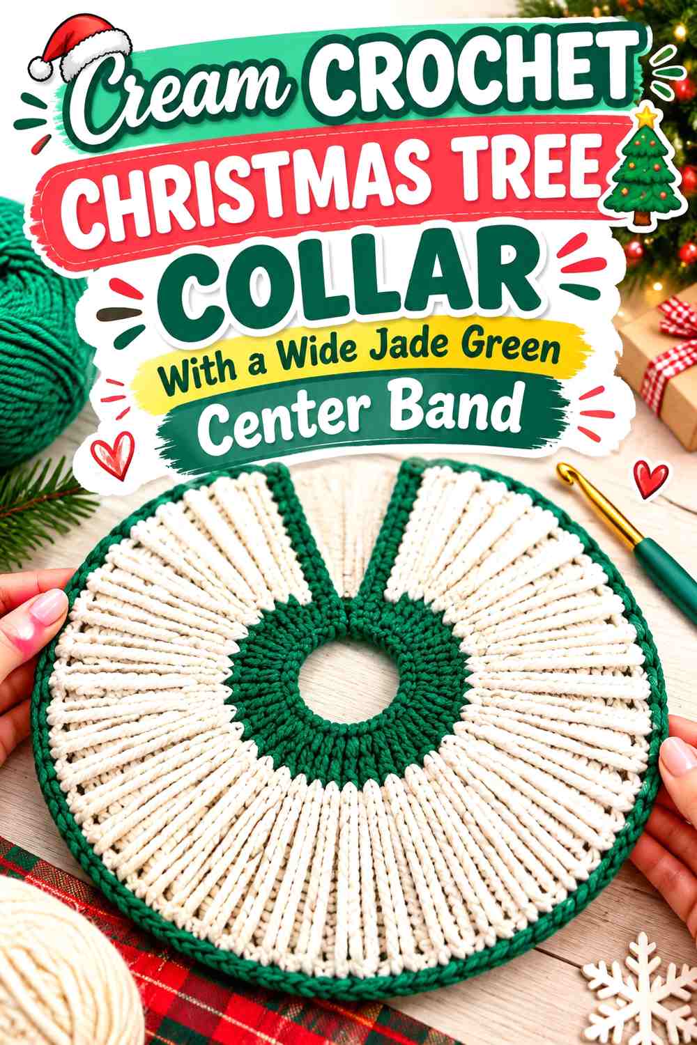 Cream Crochet Christmas Tree Collar With a Wide Jade Green Center Band