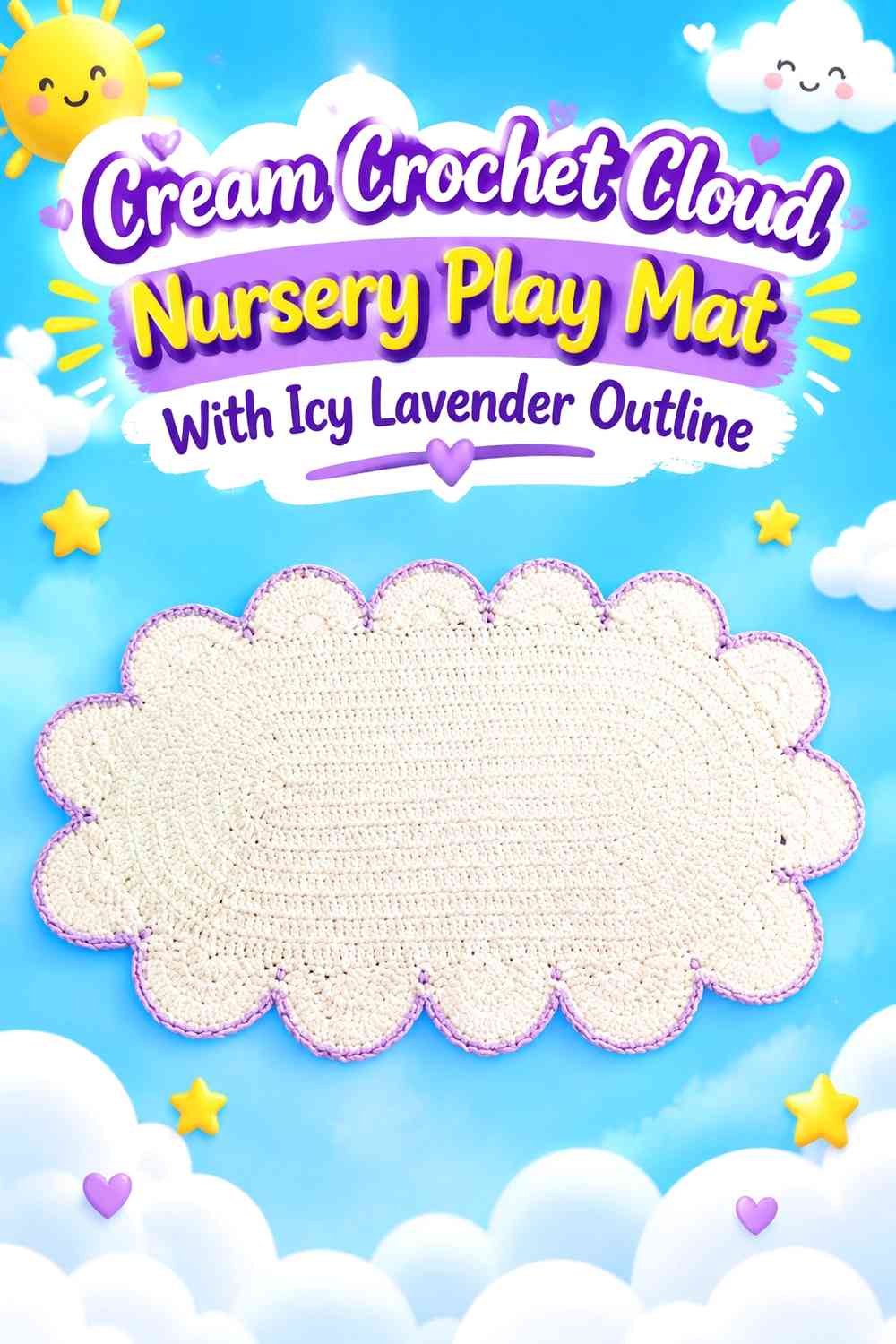 Cream Crochet Cloud Nursery Play Mat With Icy Lavender Outline