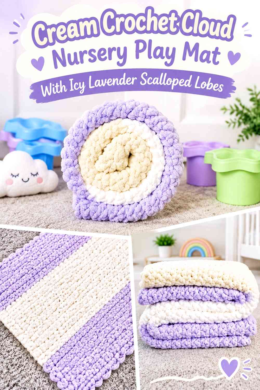 Cream Crochet Cloud Nursery Play Mat With Icy Lavender Scalloped Lobes