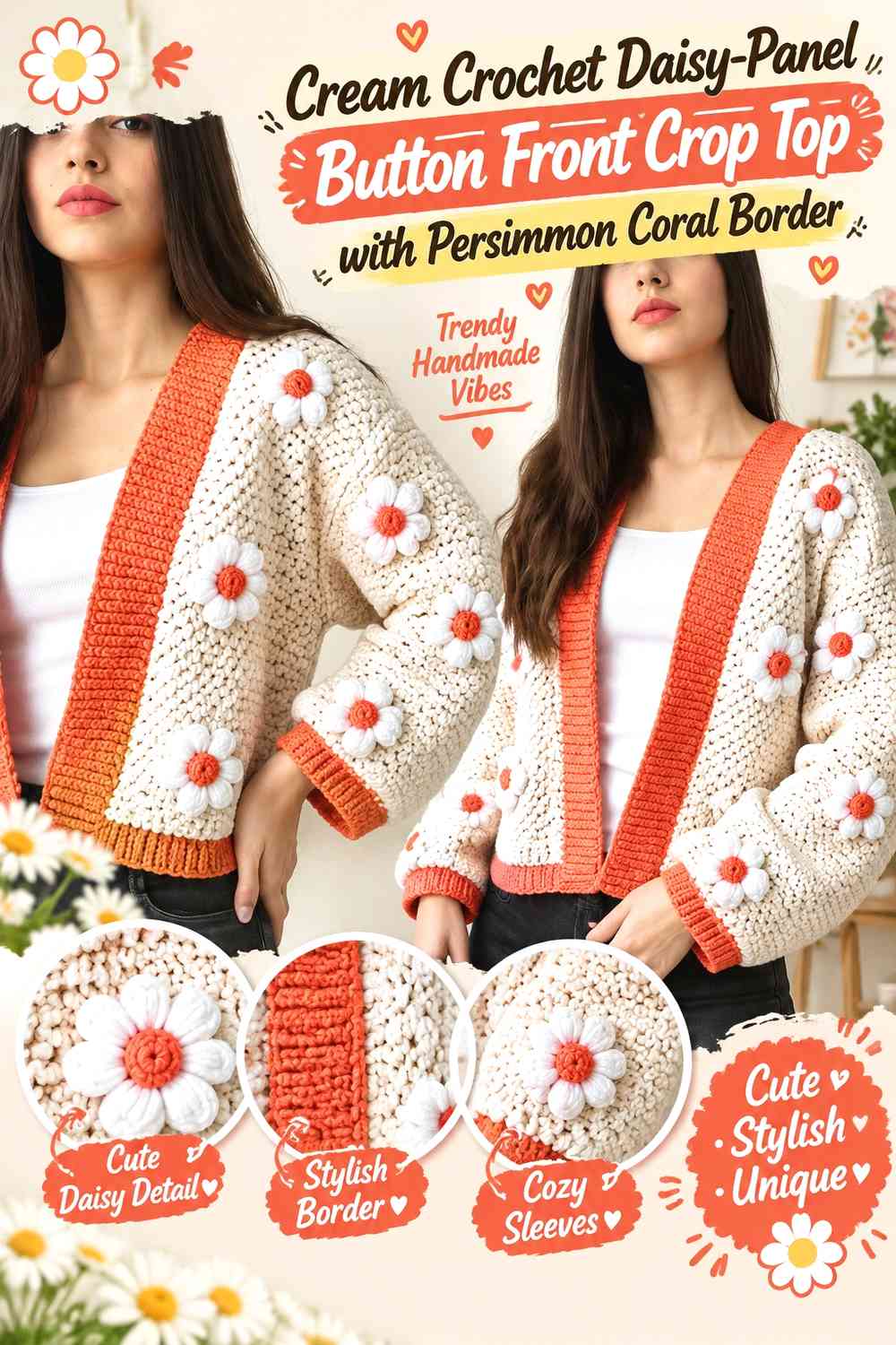 Cream Crochet Daisy-Panel Button Front Crop Top with Persimmon Coral Border