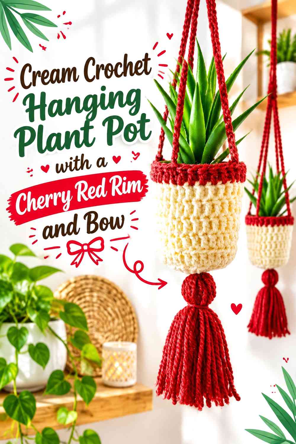 Cream Crochet Hanging Plant Pot with a Cherry Red Rim and Bow