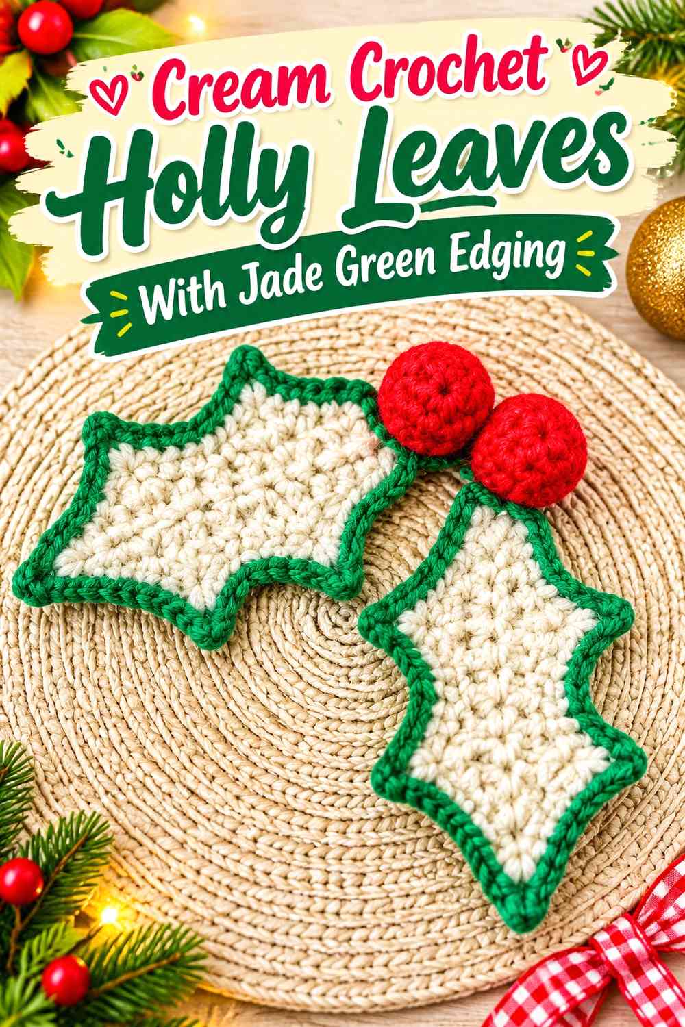 Cream Crochet Holly Leaves With Jade Green Edging