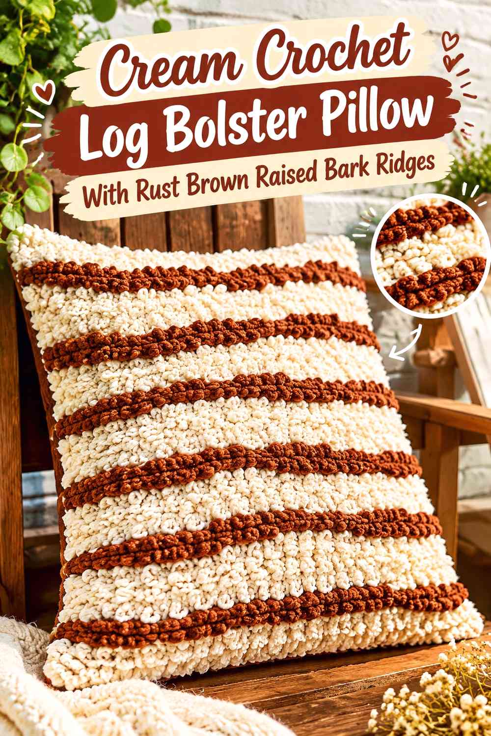 Cream Crochet Log Bolster Pillow With Rust Brown Raised Bark Ridges